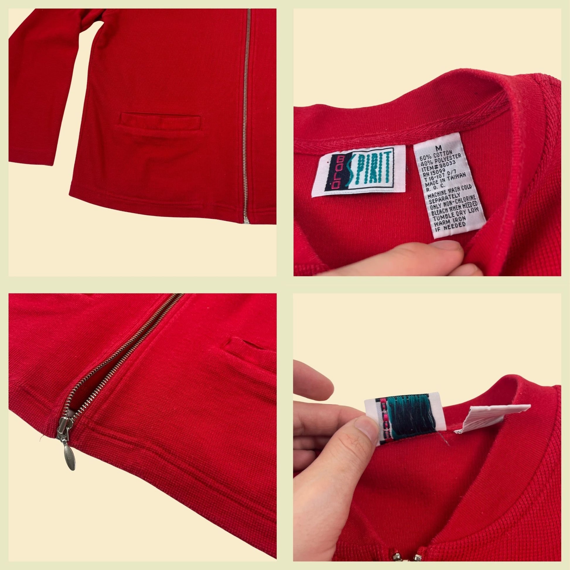 90s red zip up sweatshirt by Bold Spirit, size M vintage 1990s red knit jacket