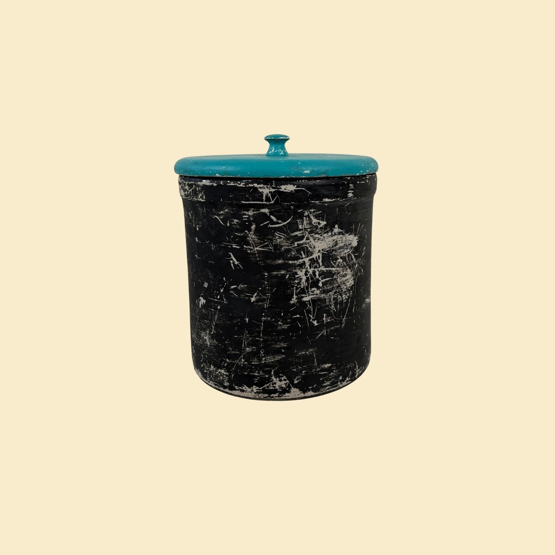 Vintage 50s ceramic bucket with lid, 1950s black ceramic bucket / basket with teal blue lid