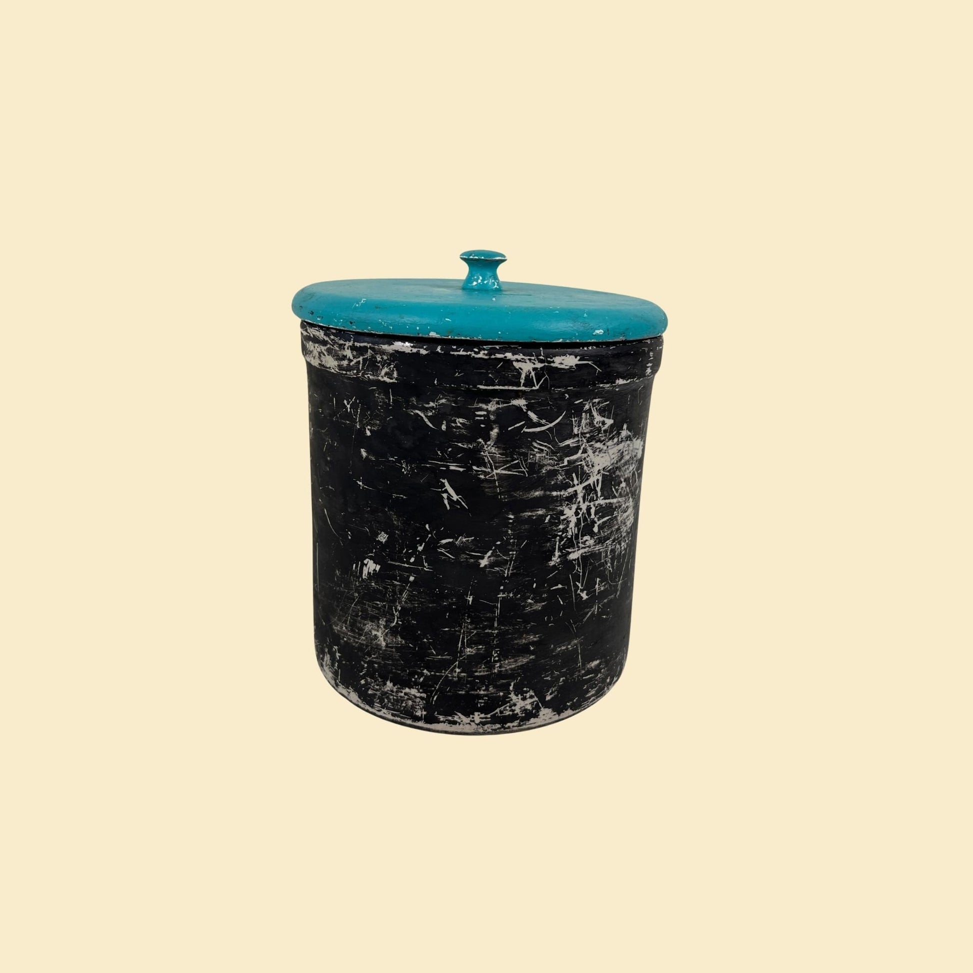 Vintage 50s ceramic bucket with lid, 1950s black ceramic bucket / basket with teal blue lid