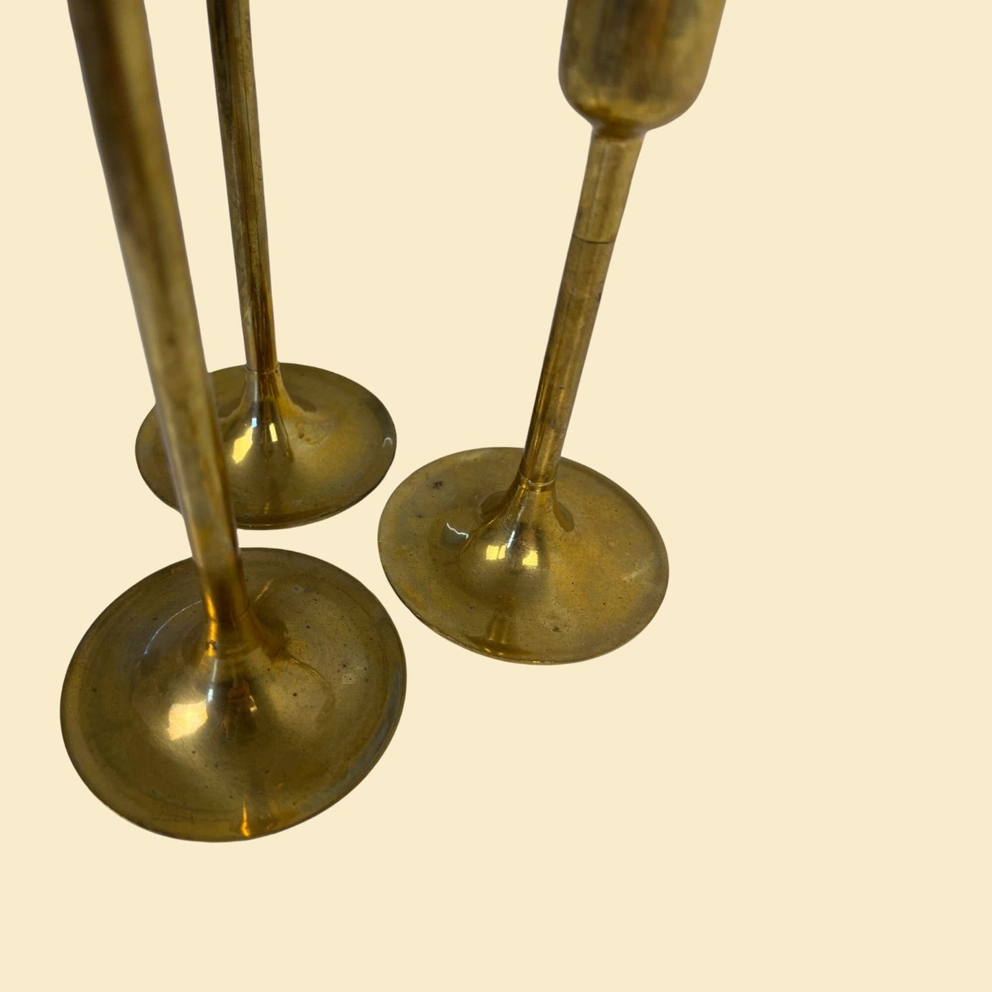 Set of 3 vintage brass candlestick holders, 1980s solid brass taper candle holders