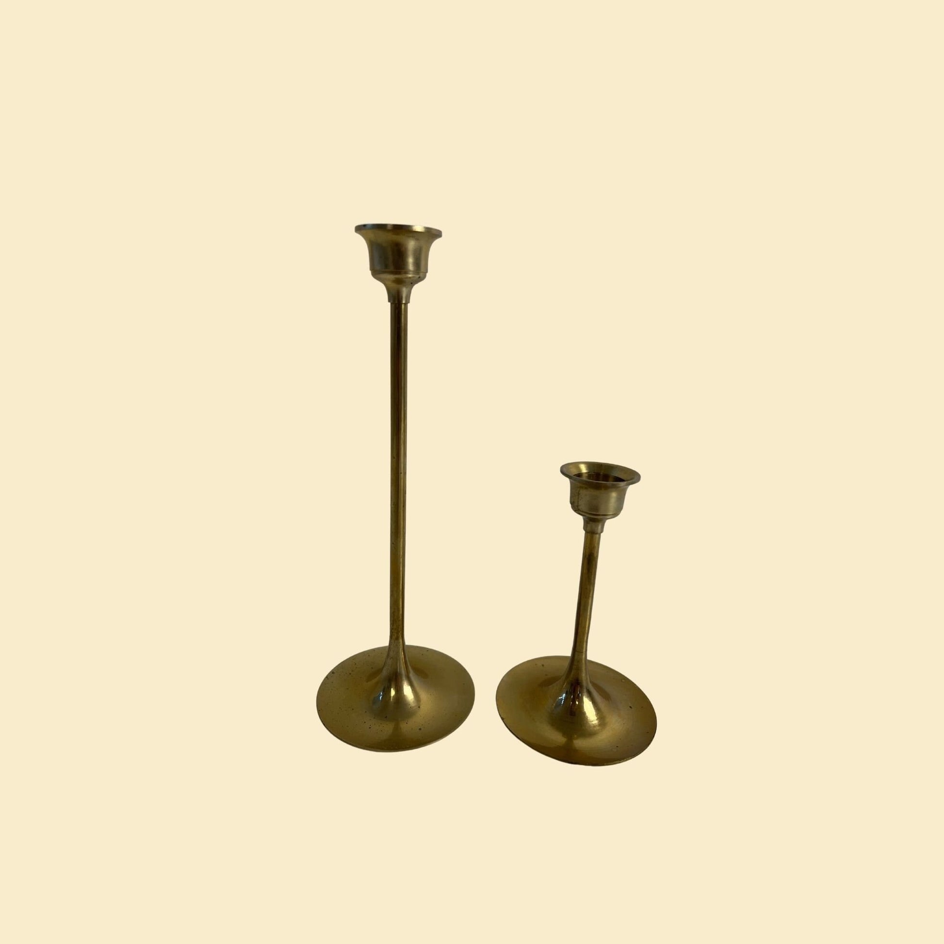 Set of vintage brass candlestick holders, set of two 1980s solid brass taper candle holders