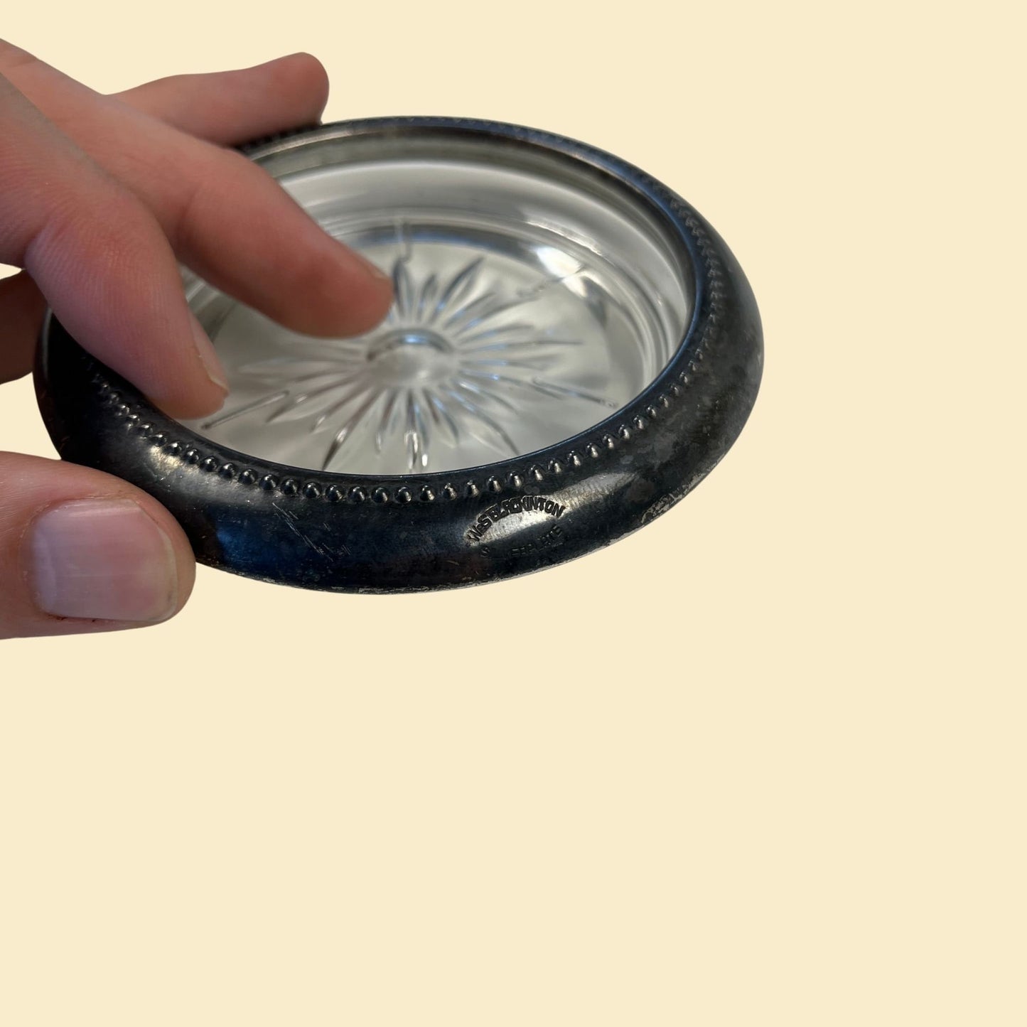 1960s silver plated round metal and glass coasters by W. & S. Blackinton Silverplate, set of 2 vintage 60s coasters