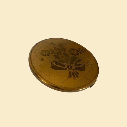 1940s floral cosmetic compact by Dorset Fifth Avenue, vintage circular makeup compact with hinged lid