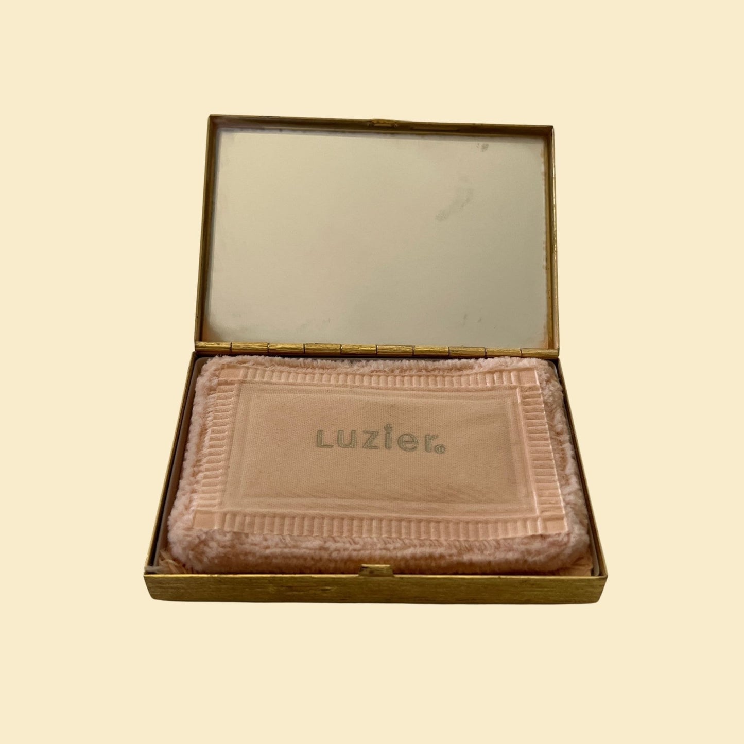 Vintage 1930s cosmetic compact by Luzier, rectangular gold/brass vanity makeup compact with mirror