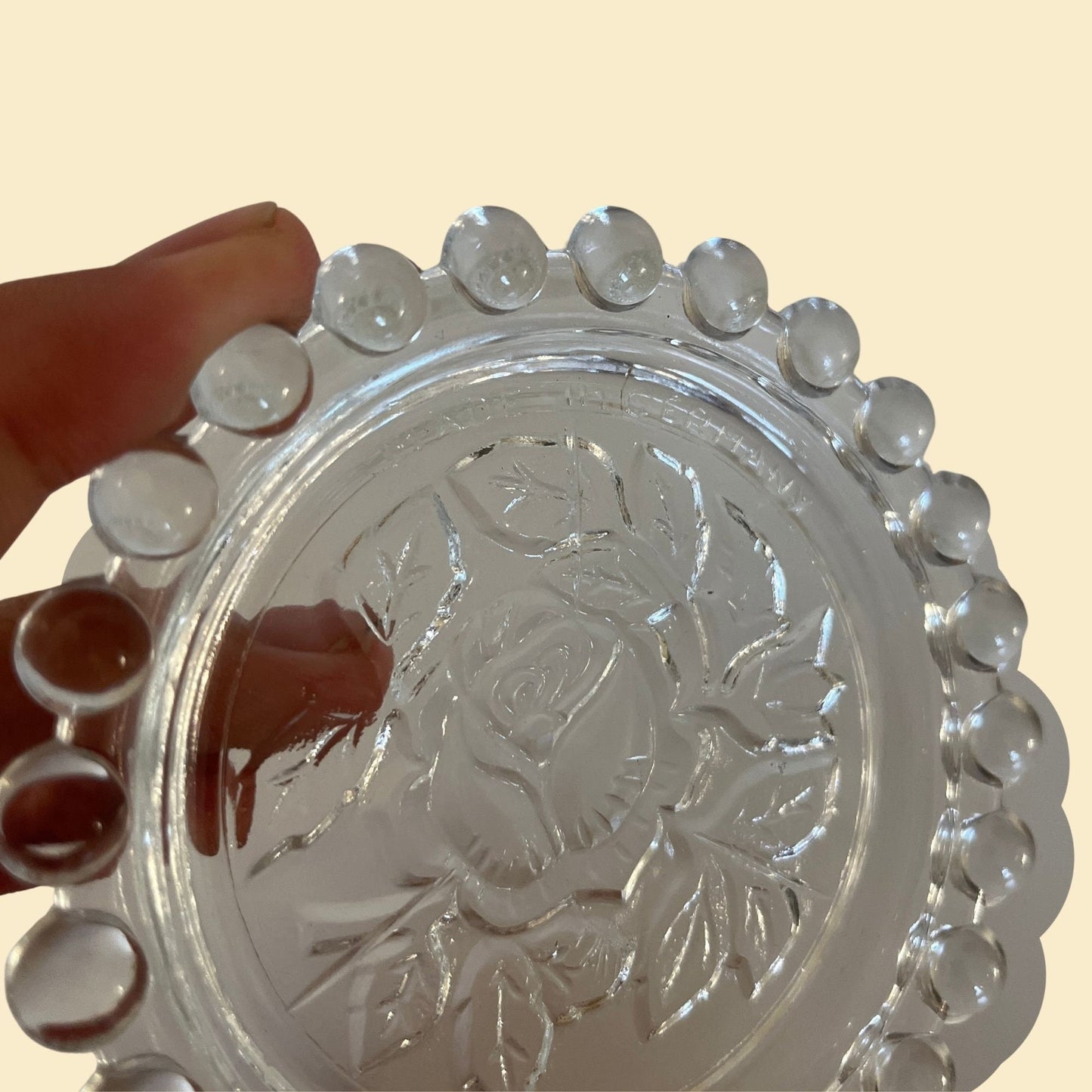 1970s glass stacking coasters with rose etchings, set of 6 vintage clear circular coasters