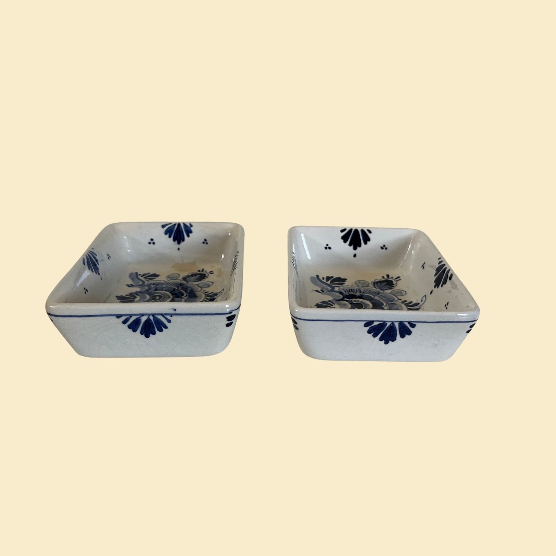 1960s stackable dishes by Pyramide Delfts, set of 2 hand painted blue & white porcelain sauce or pin dishes