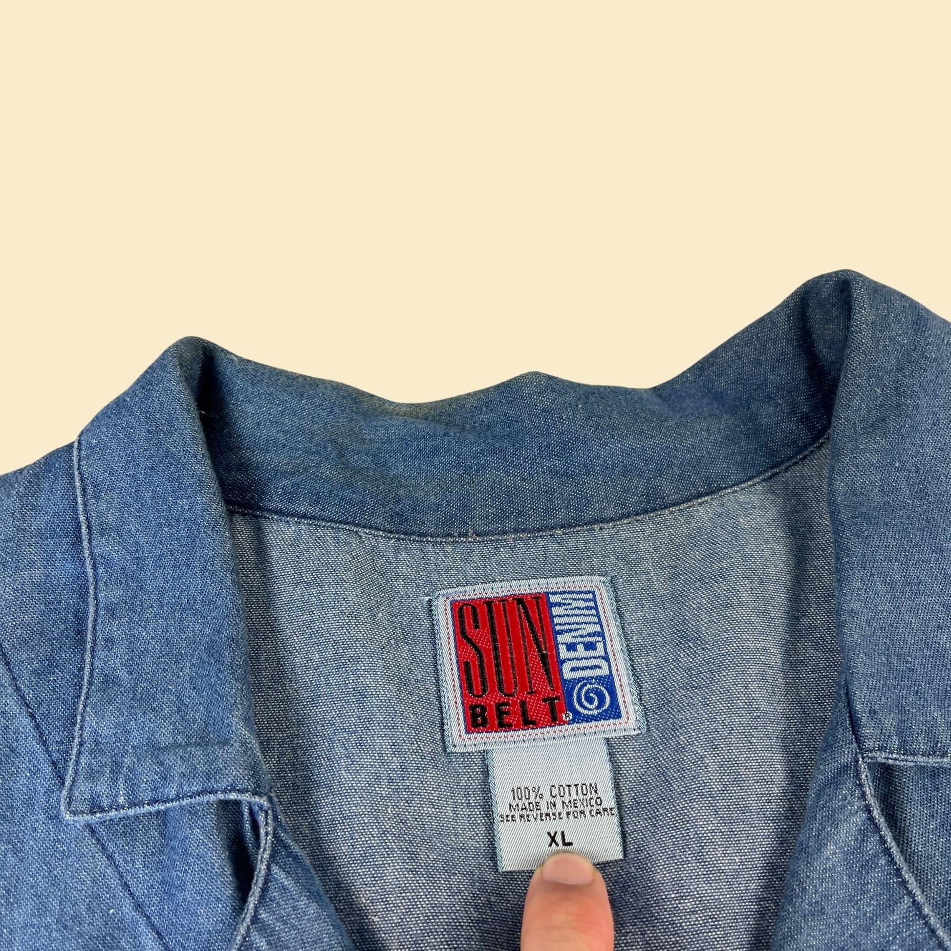 90s denim/chambray jacket, vintage women's XL denim button down with black velvet trim