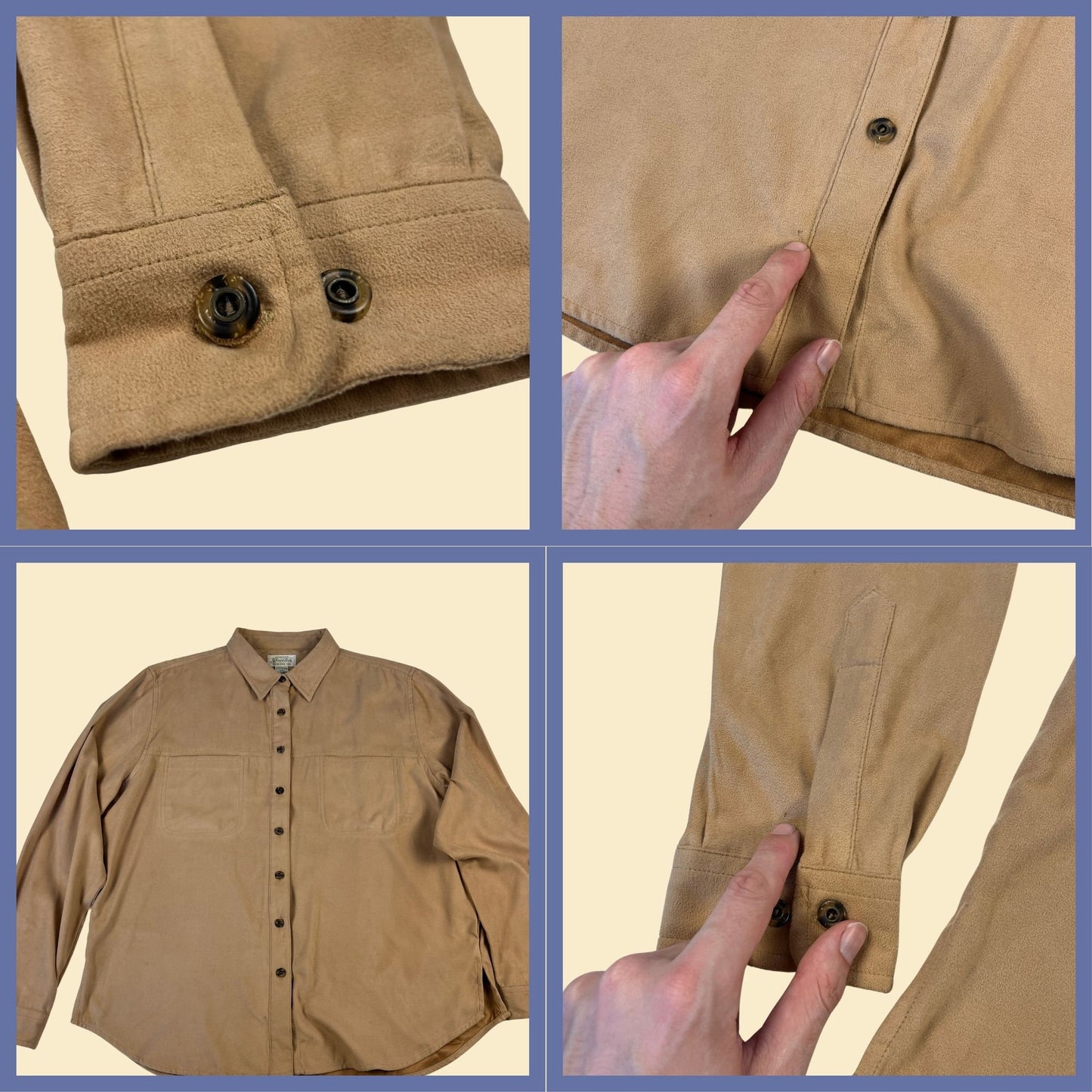 90s brown XL women's faux-suede/velour shirt, vintage 1990s XLT tan long sleeve polyester button down