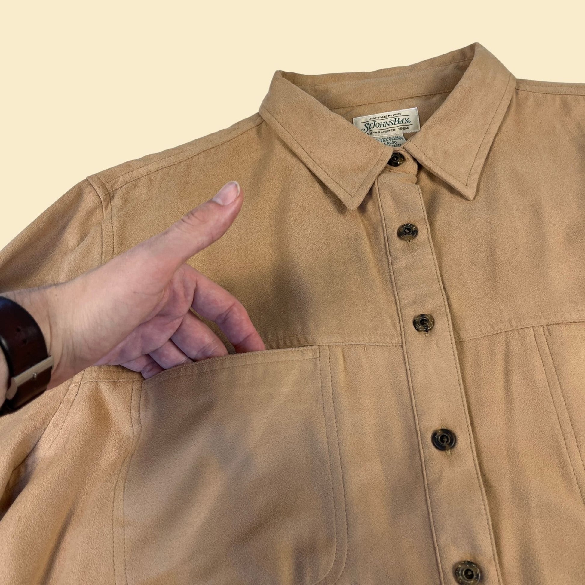 90s brown XL women's faux-suede/velour shirt, vintage 1990s XLT tan long sleeve polyester button down