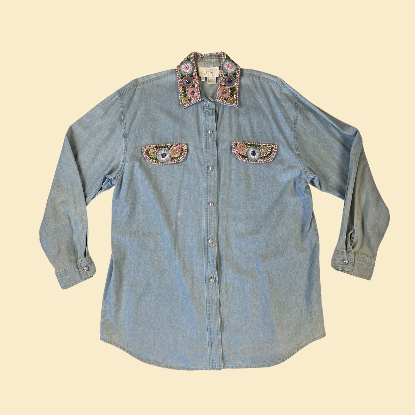 80s beaded chambray shirt, vintage women's size M chambray sequin floral button down blouse