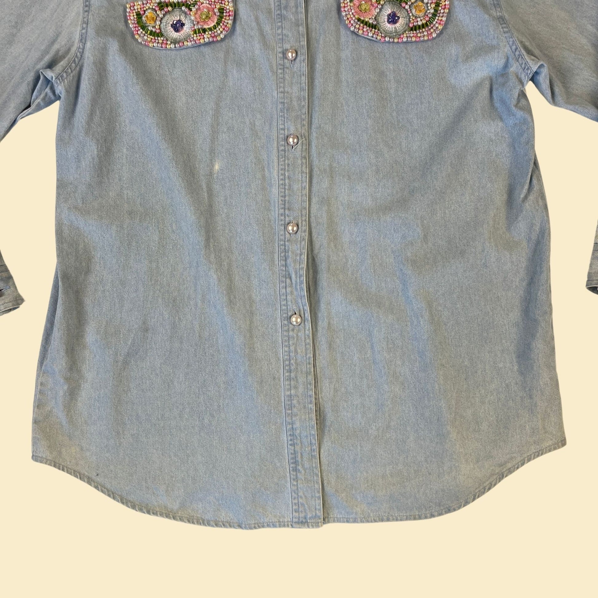 80s beaded chambray shirt, vintage women's size M chambray sequin floral button down blouse