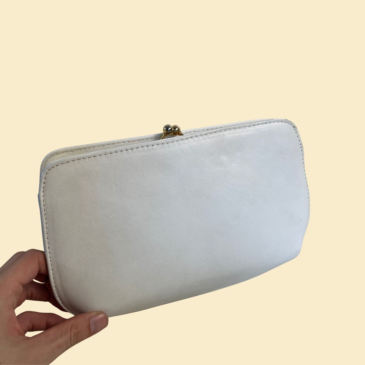 90s white leather handbag by Naturalizer, vintage 1990s white leather clutch with brass/gold hardware