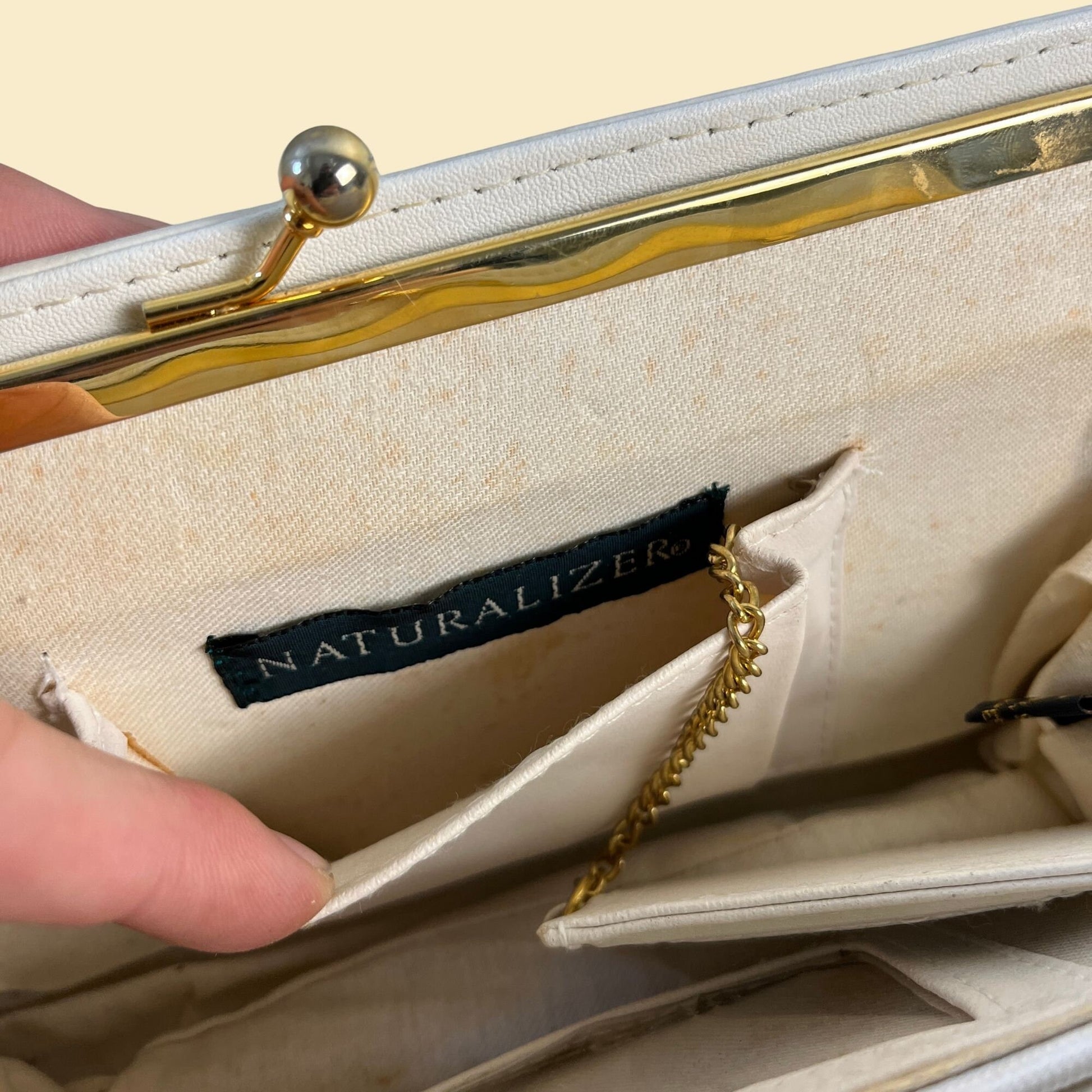 90s white leather handbag by Naturalizer, vintage 1990s white leather clutch with brass/gold hardware