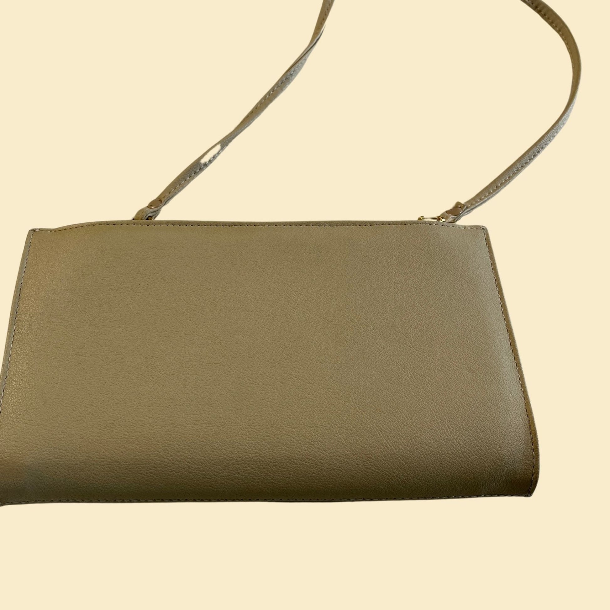 90s cream faux leather purse, vintage 1990s rectangular beige shoulder bag with gold colored hardware/emblem