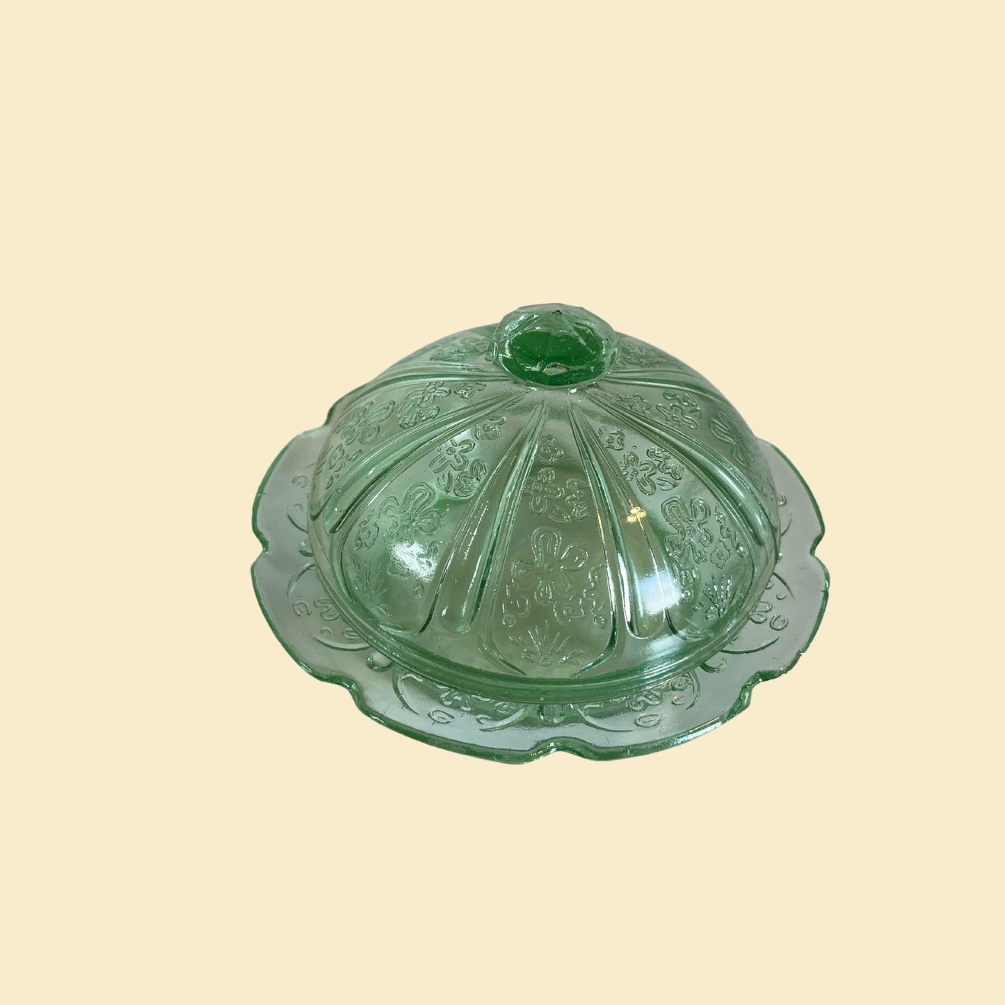 1940s green depression glass candy dish with lid, green lidded dish with floral pattern