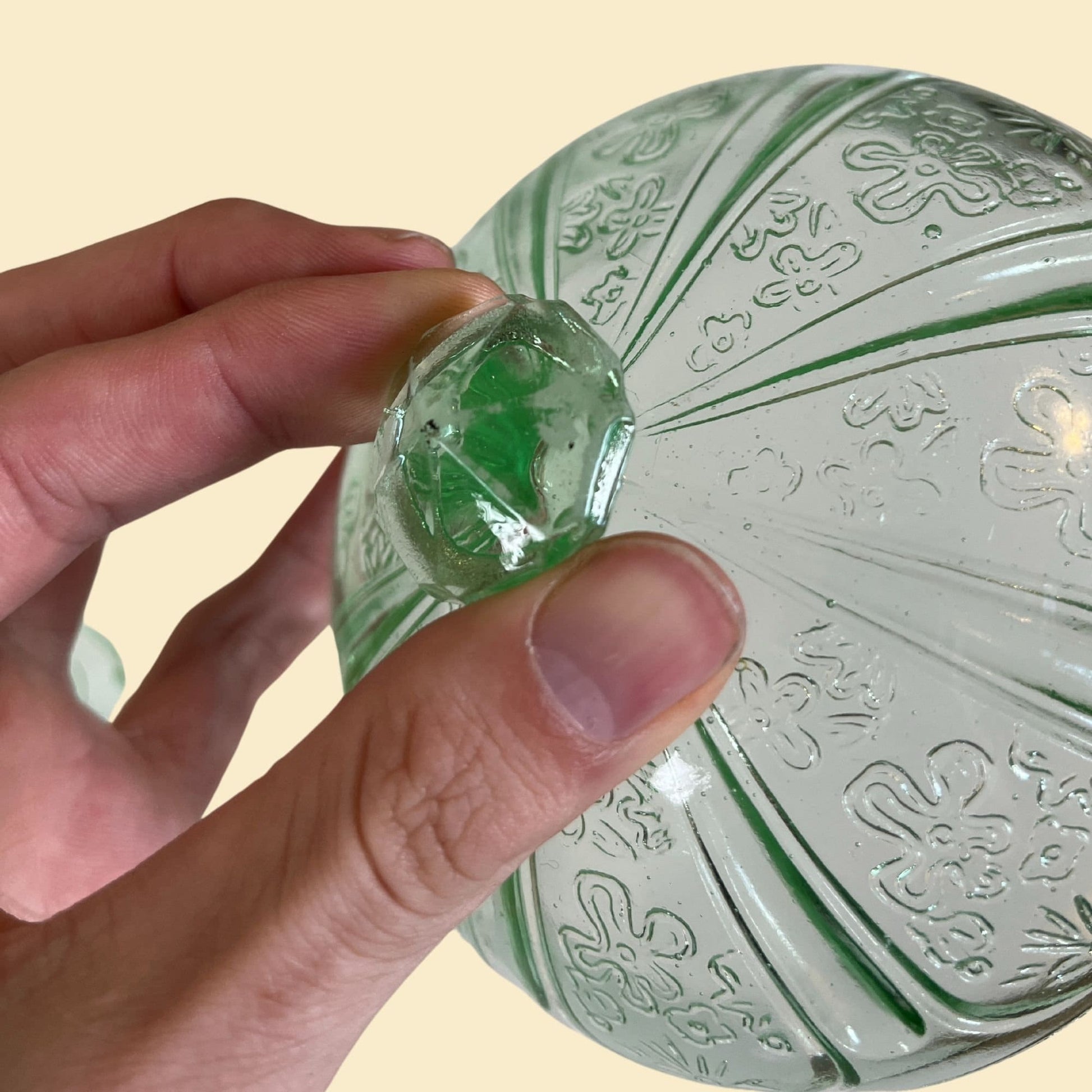 1940s green depression glass candy dish with lid, green lidded dish with floral pattern