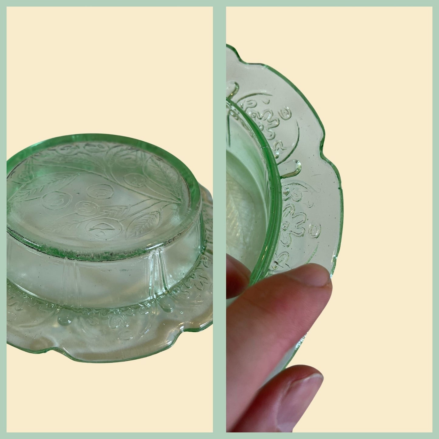 1940s green depression glass candy dish with lid, green lidded dish with floral pattern