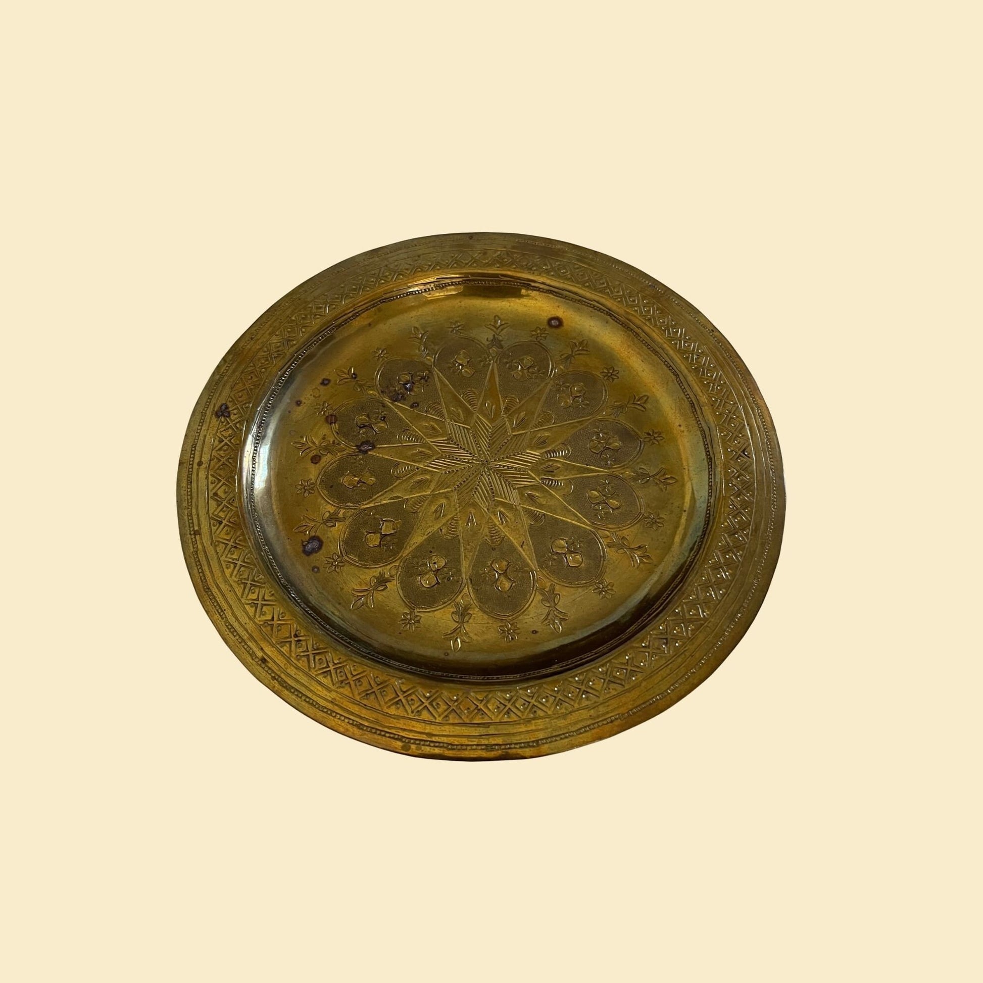 Vintage brass wall hanging plate, c. 1950s circular brass plate with geometric etchings