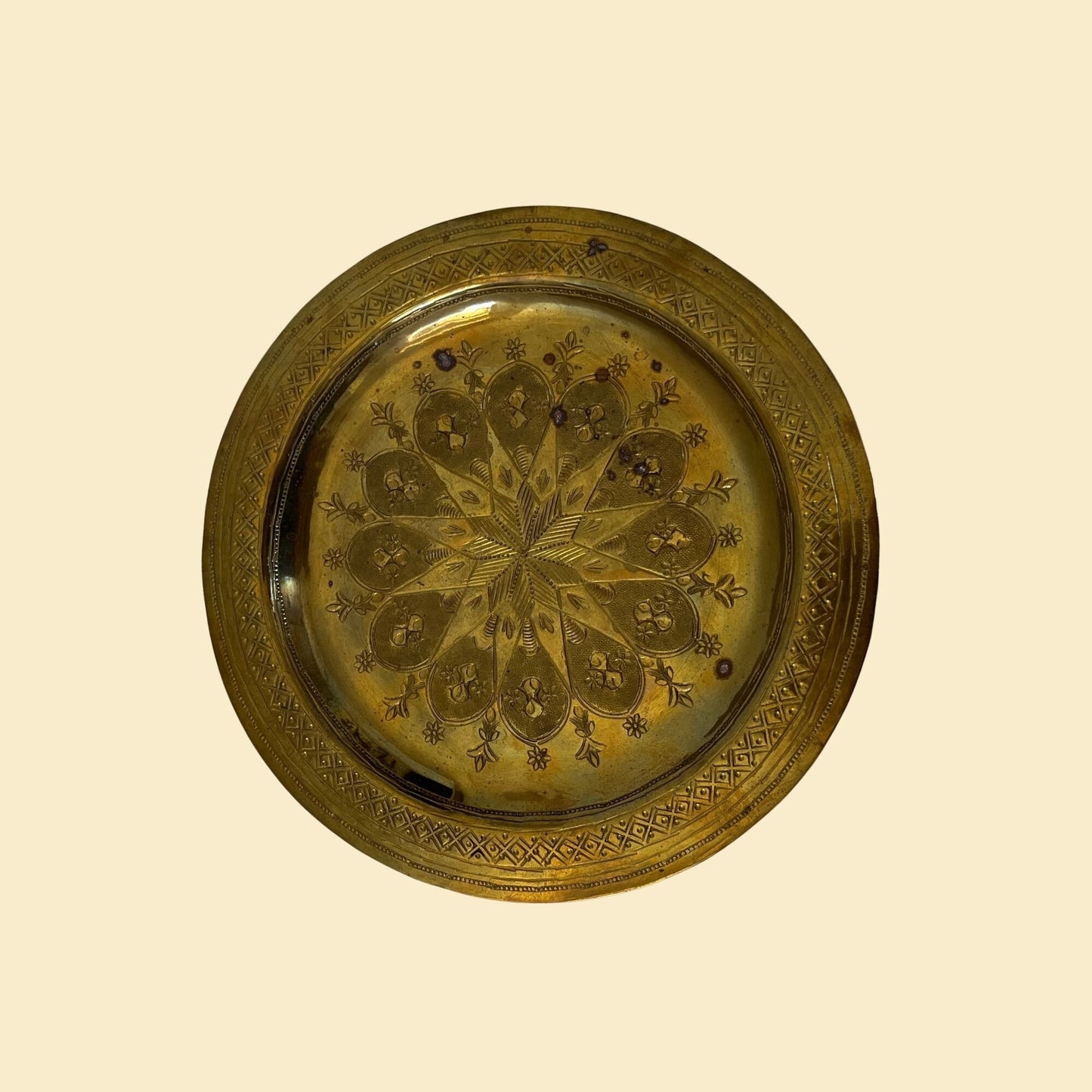 Vintage brass wall hanging plate, c. 1950s circular brass plate with geometric etchings