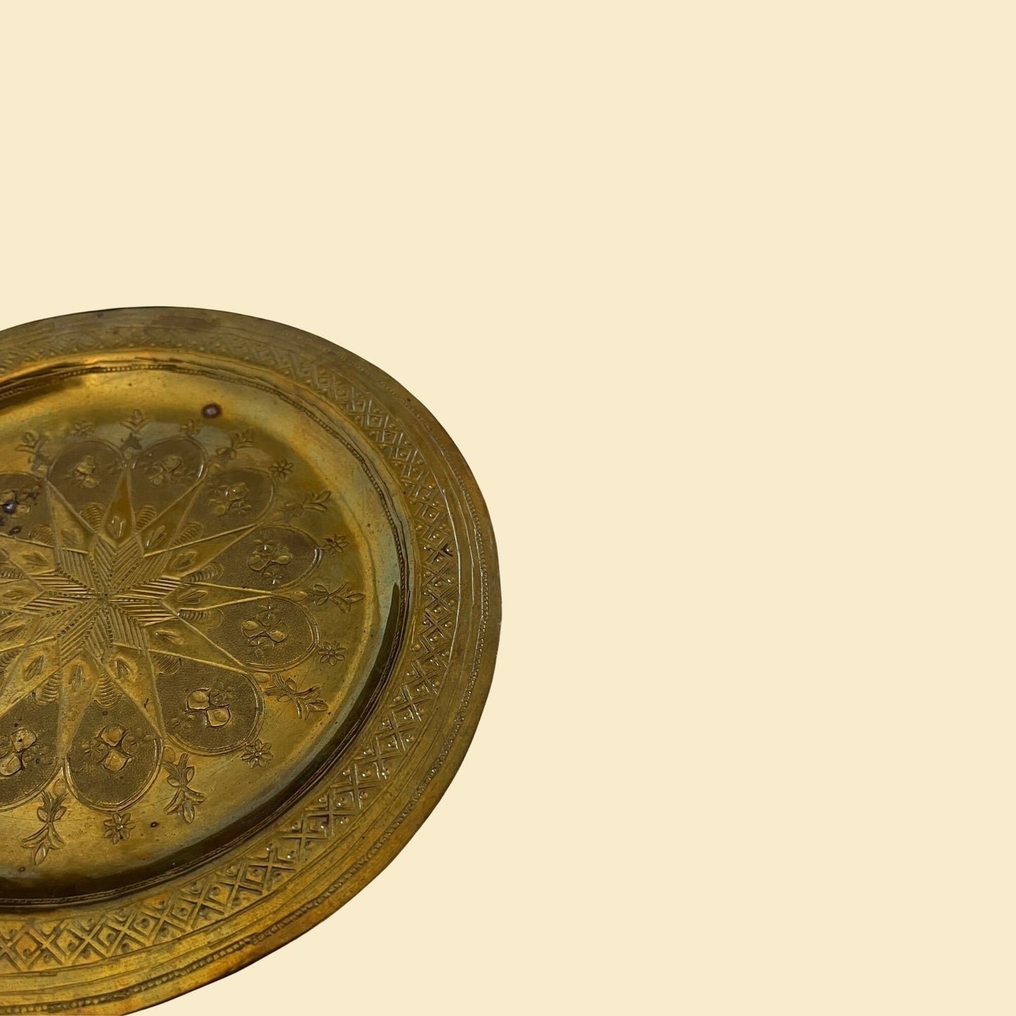 Vintage brass wall hanging plate, c. 1950s circular brass plate with geometric etchings