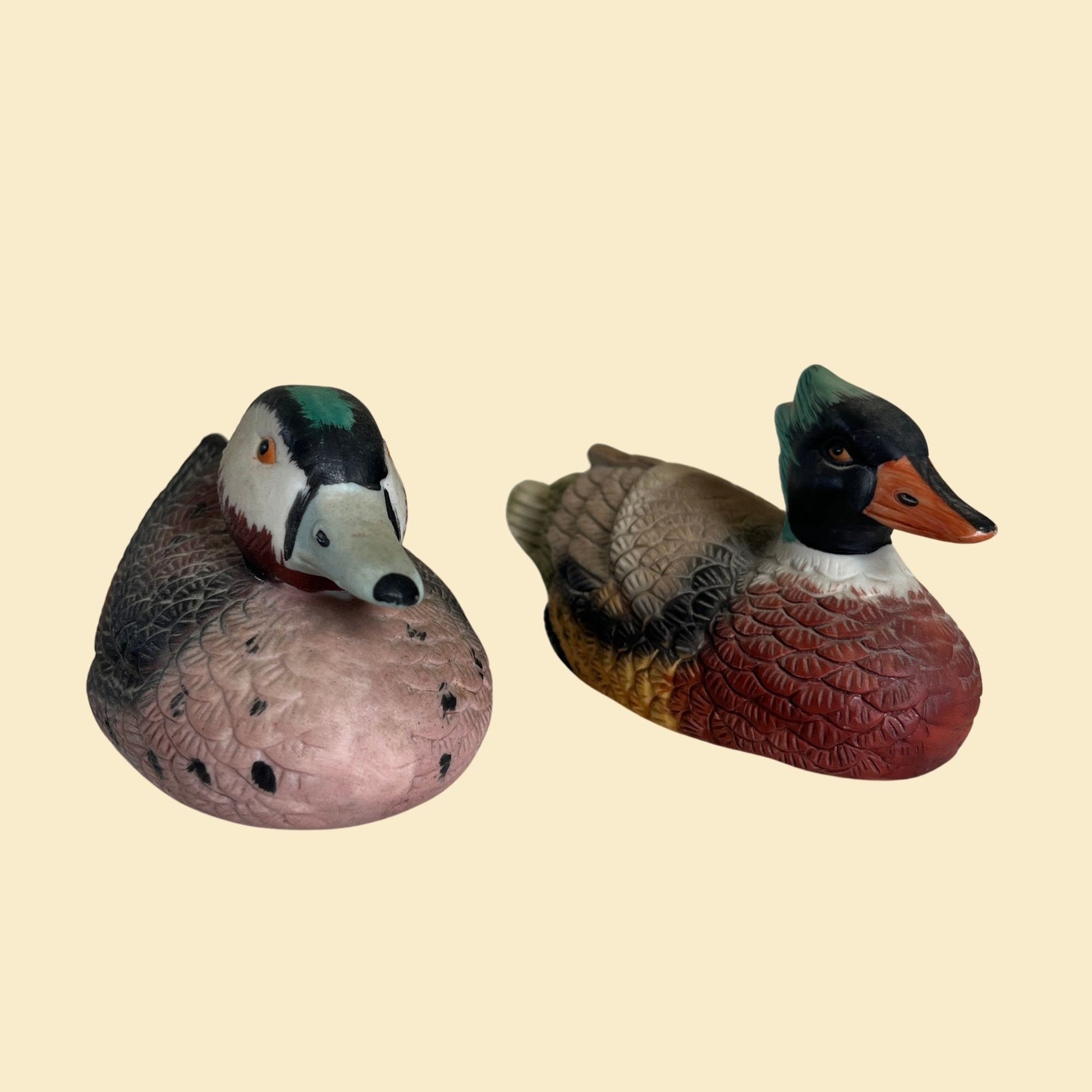 Vintage ceramic duck figurines, set of two 1980s painted duck statues