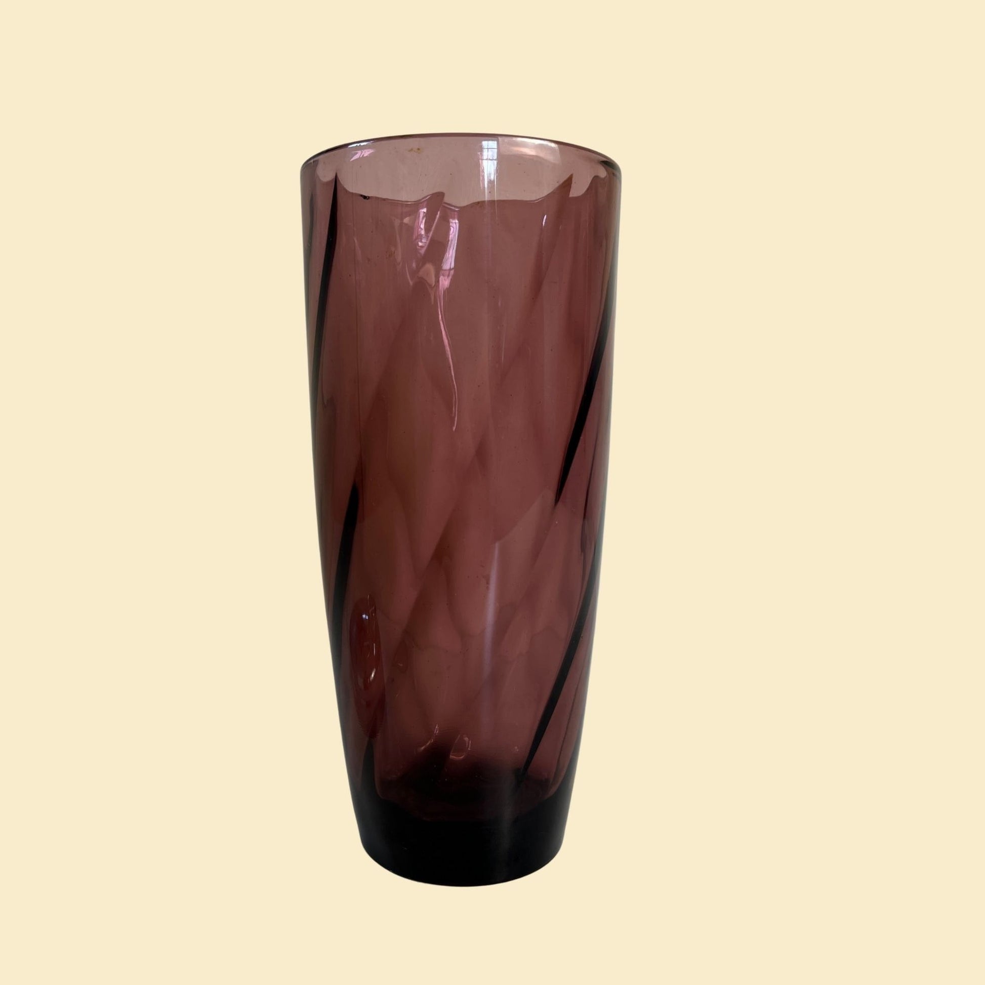 1960s Hazel Atlas cocktail shaker, vintage purple / amethyst swirl pattern glass shaker with metal lid