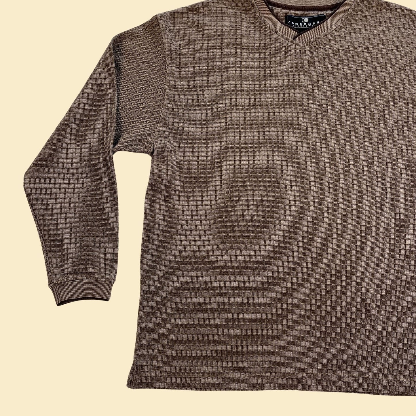 90s brown sweater, vintage size L v-neck men's knit pullover by Consensus Sportswear