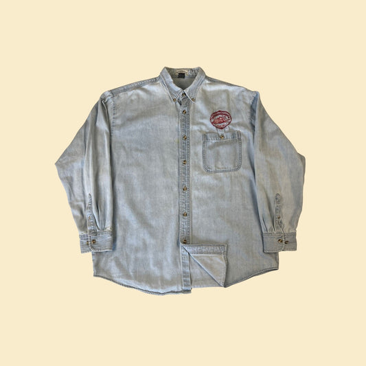 90s chambray button down in size XL, vintage 1990s shirt with Delta Queen Steamboat Co patch