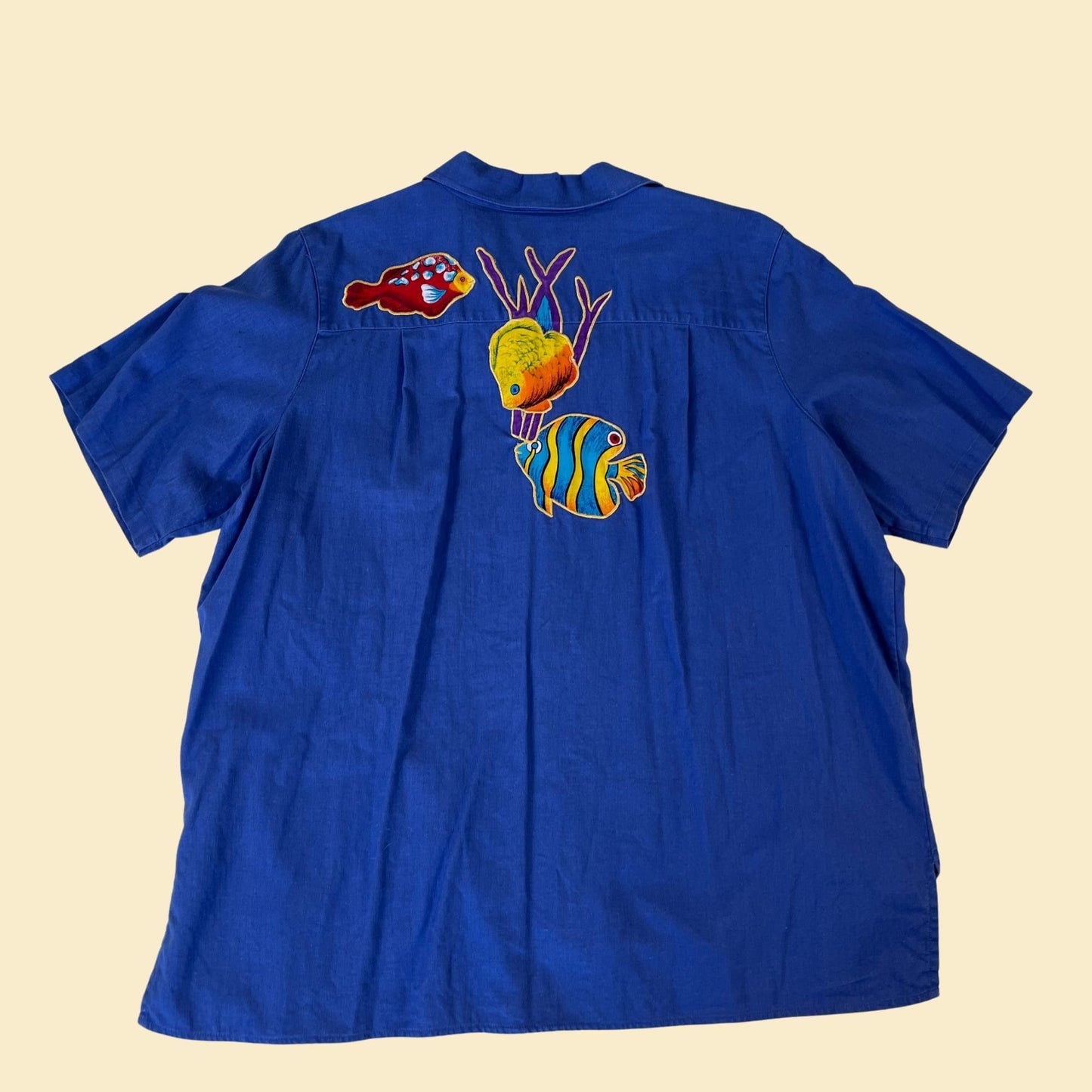 90s bedazzled fish shirt in size 1X by The Quacker Factory, vintage blue and rainbow women's 1990s blouse