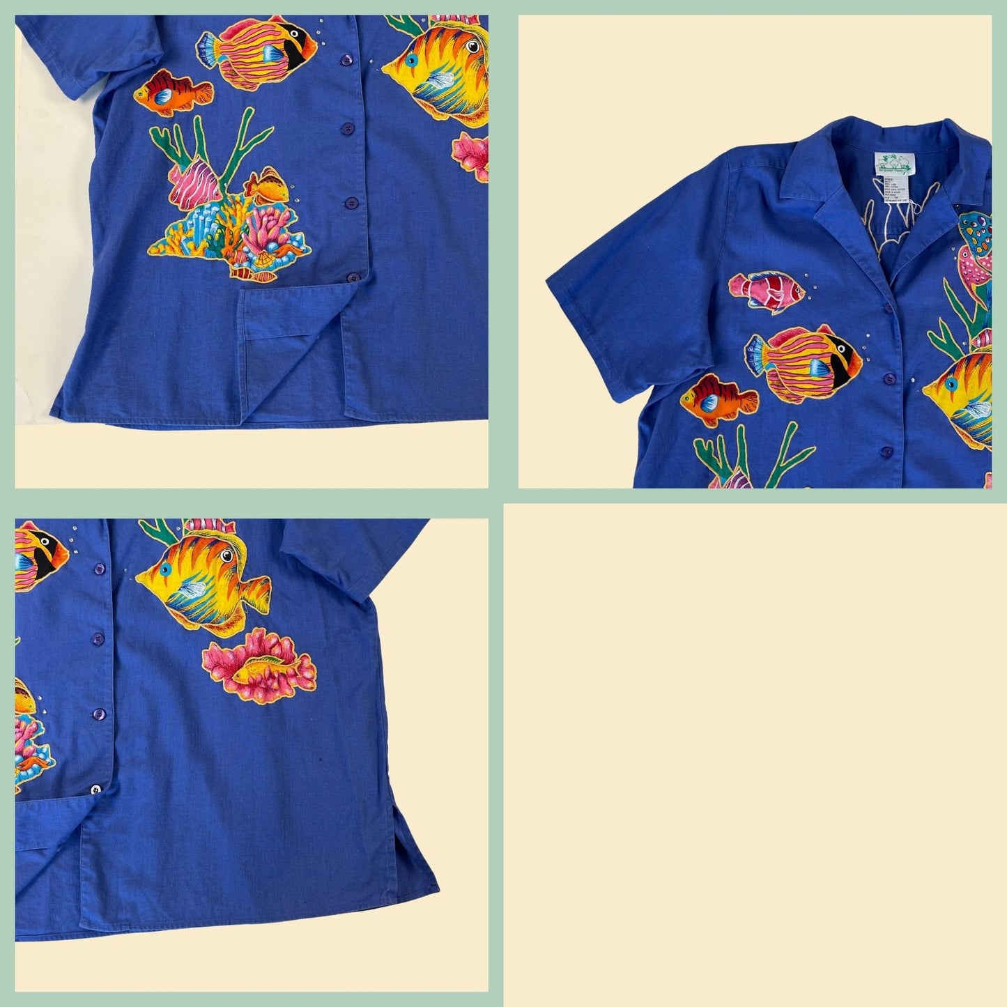 90s bedazzled fish shirt in size 1X by The Quacker Factory, vintage blue and rainbow women's 1990s blouse