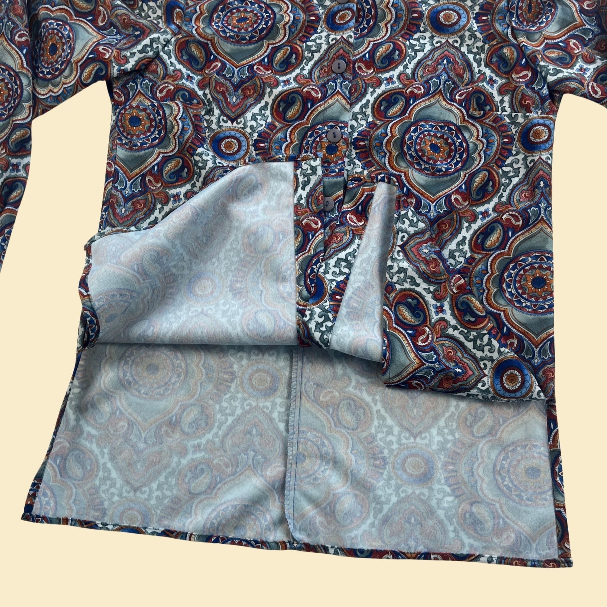 80s psychedelic blouse by David Paul, size M vintage blue & pink patterned button down long sleeve shirt