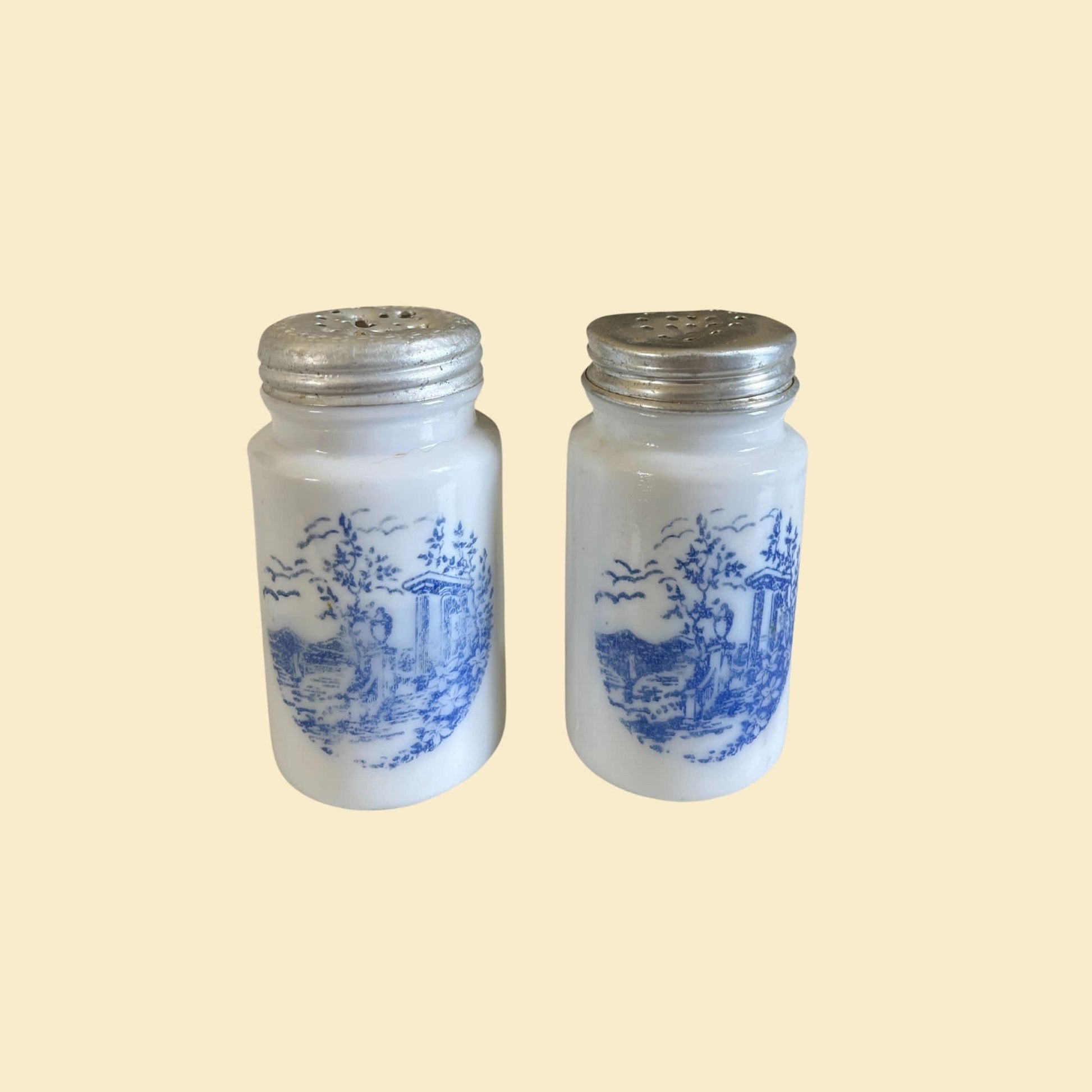 1930s shakers by Anchor Hocking Vitrock, vintage blue and white milk glass salt & pepper shakers