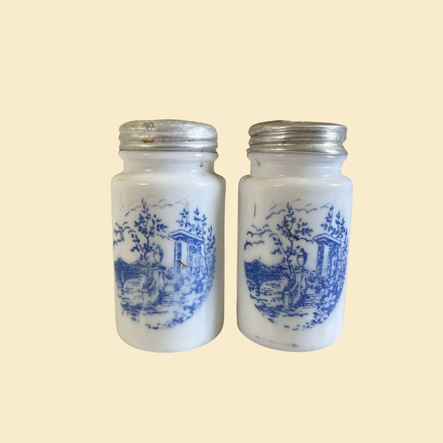 1930s shakers by Anchor Hocking Vitrock, vintage blue and white milk glass salt & pepper shakers