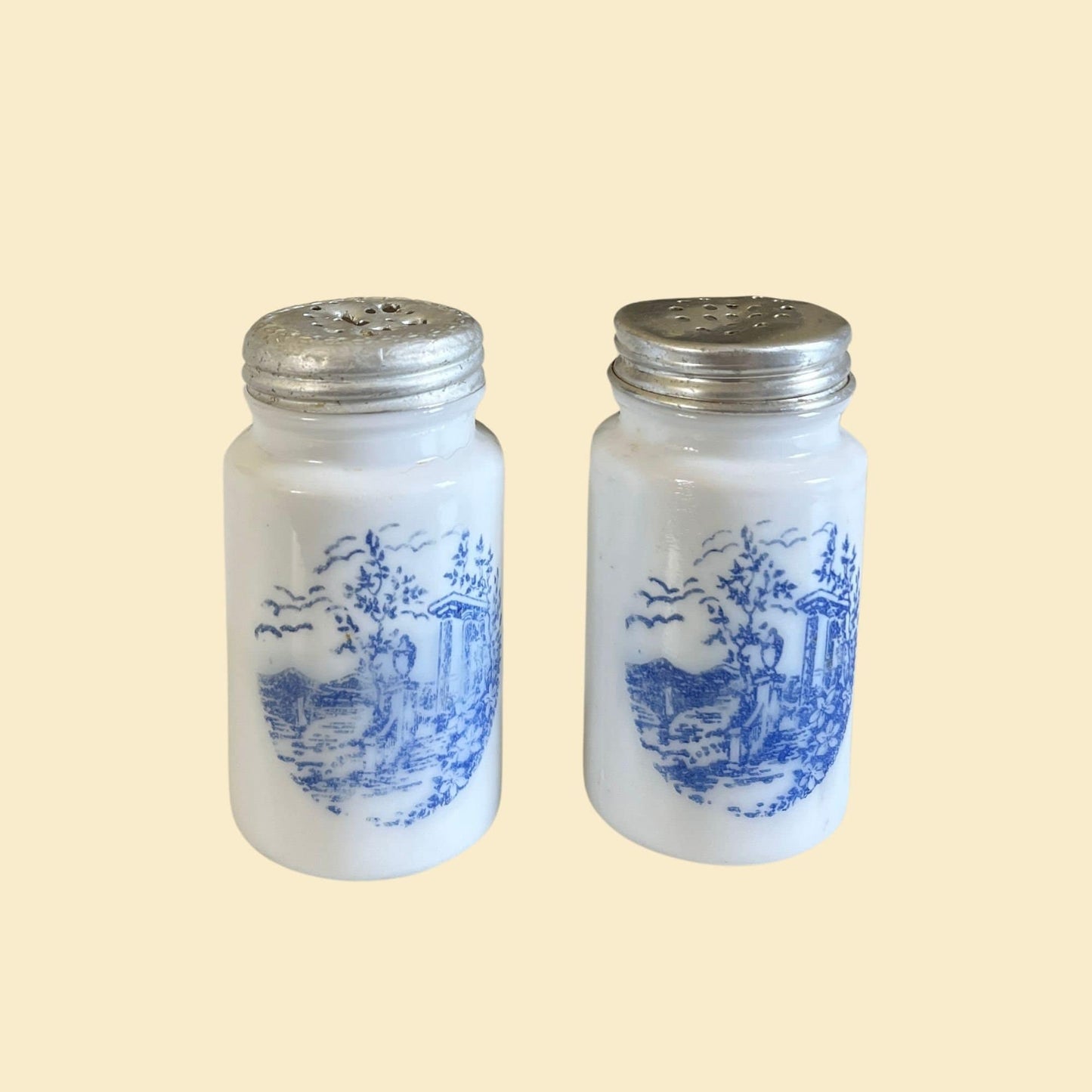 1930s shakers by Anchor Hocking Vitrock, vintage blue and white milk glass salt & pepper shakers