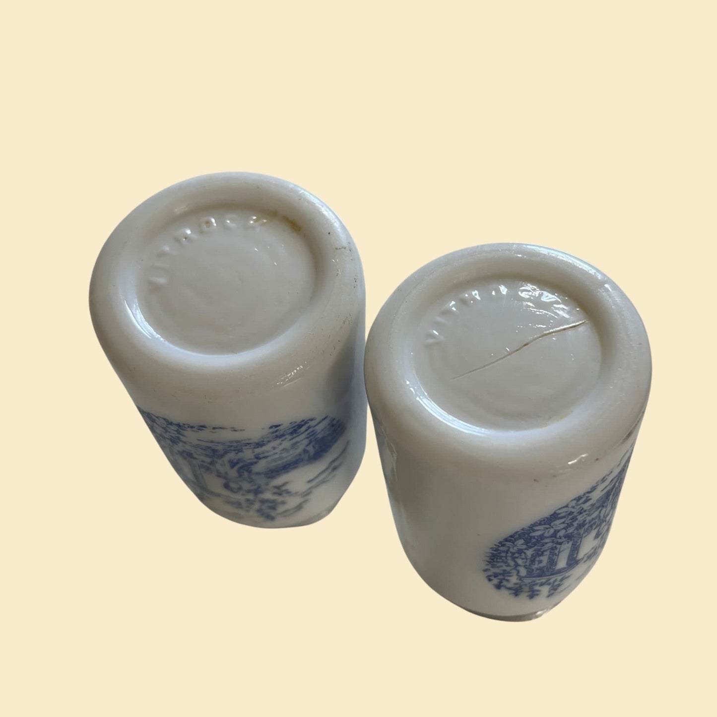 1930s shakers by Anchor Hocking Vitrock, vintage blue and white milk glass salt & pepper shakers