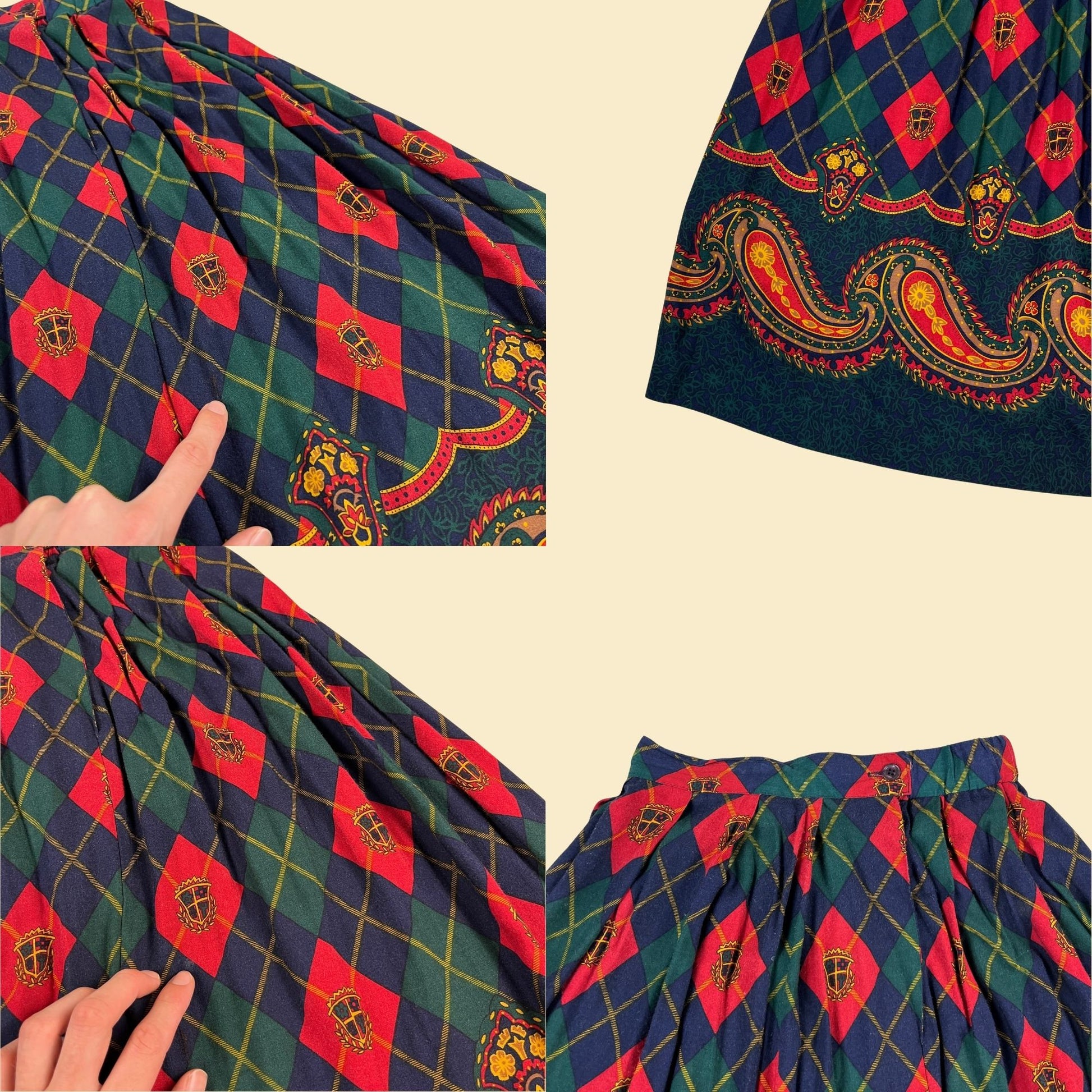 80s argyle / paisley skirt by Koret, size 8 vintage red, green and blue pleated midi skirt