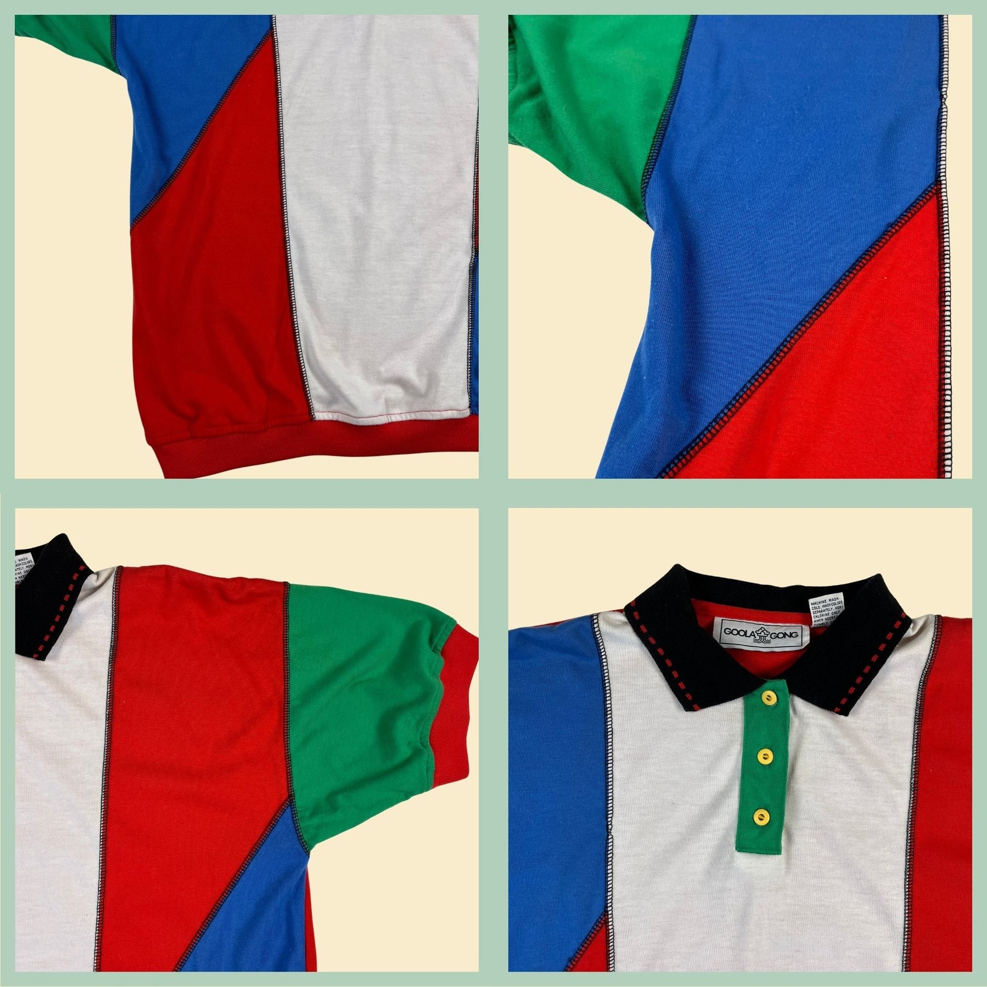 90s colorblock polo shirt, women's M vintage Goola Gong red, green, blue & white short sleeve casual top