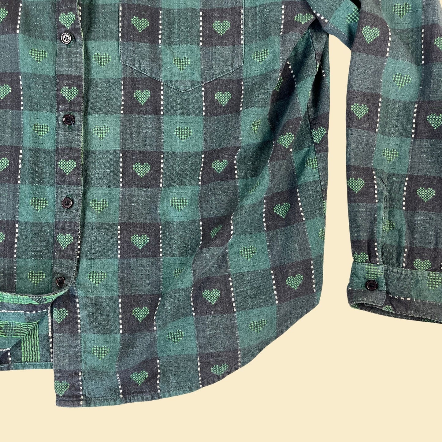 90s plaid heart shirt by Westbound, size XL women's button down green & black long sleeve plaid geometric blouse