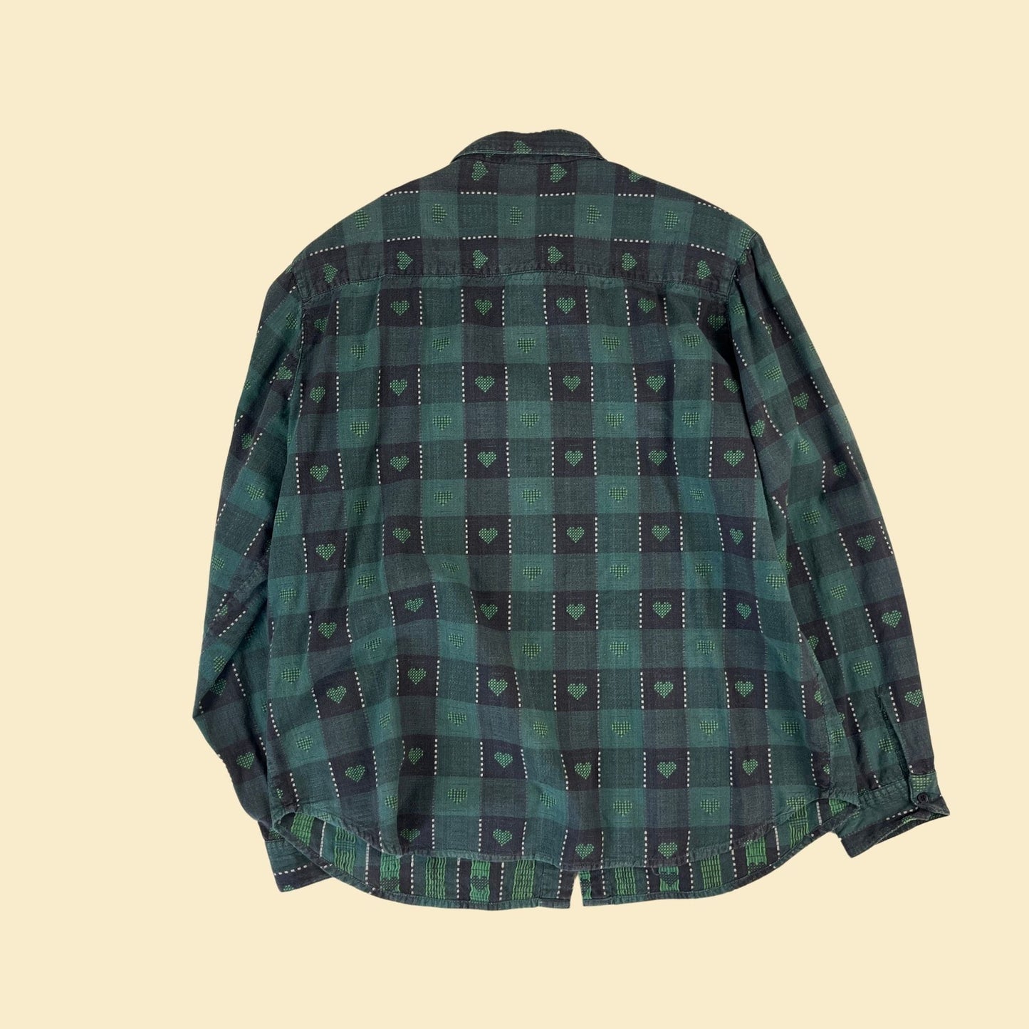 90s plaid heart shirt by Westbound, size XL women's button down green & black long sleeve plaid geometric blouse