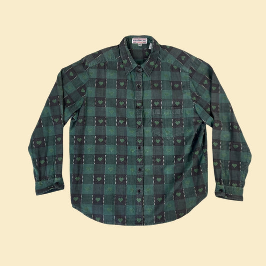 90s plaid heart shirt by Westbound, size XL women's button down green & black long sleeve plaid geometric blouse