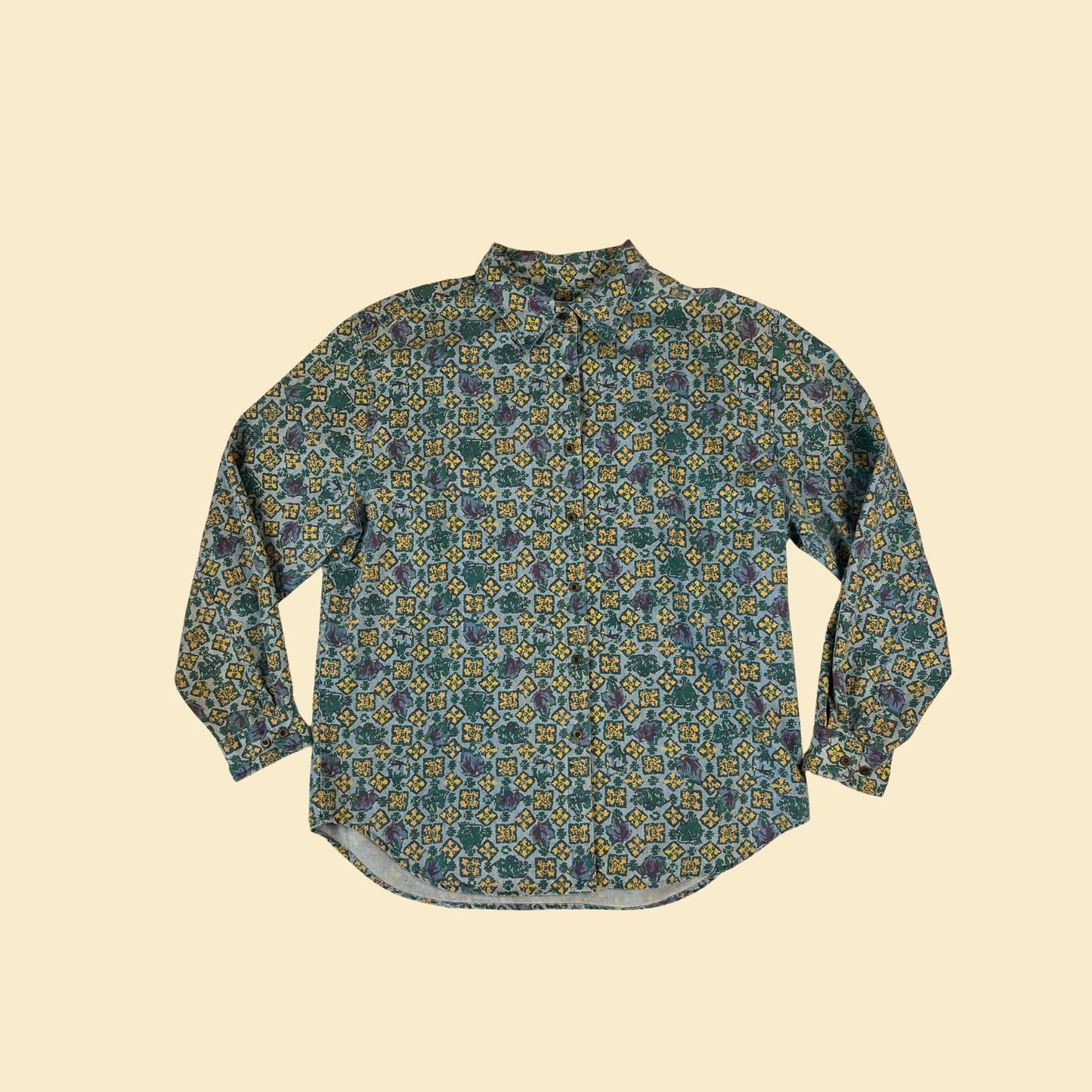 90s geometric teal shirt by Westbound, size L blue & yellow vintage women's button down long sleeve