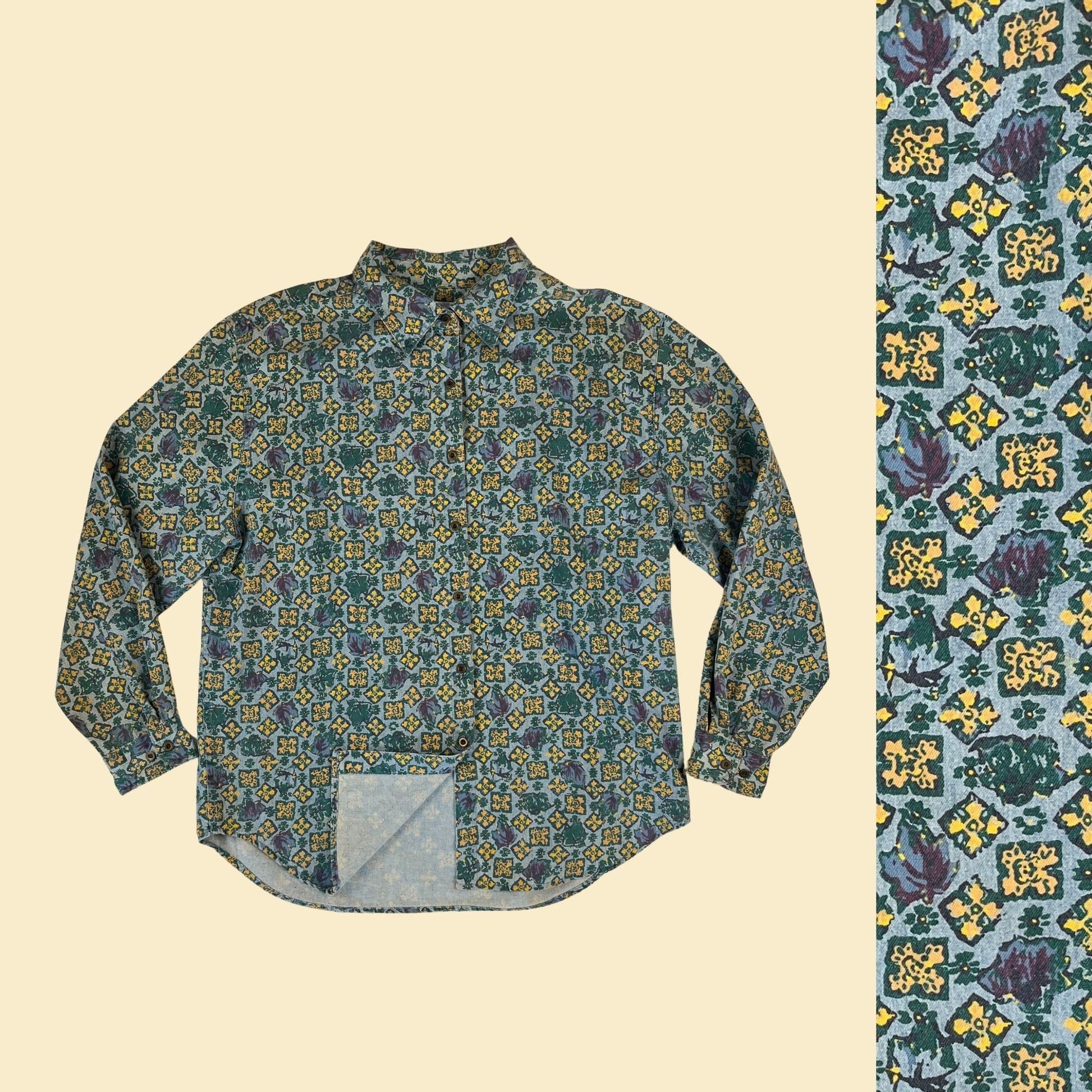 90s geometric teal shirt by Westbound, size L blue & yellow vintage women's button down long sleeve