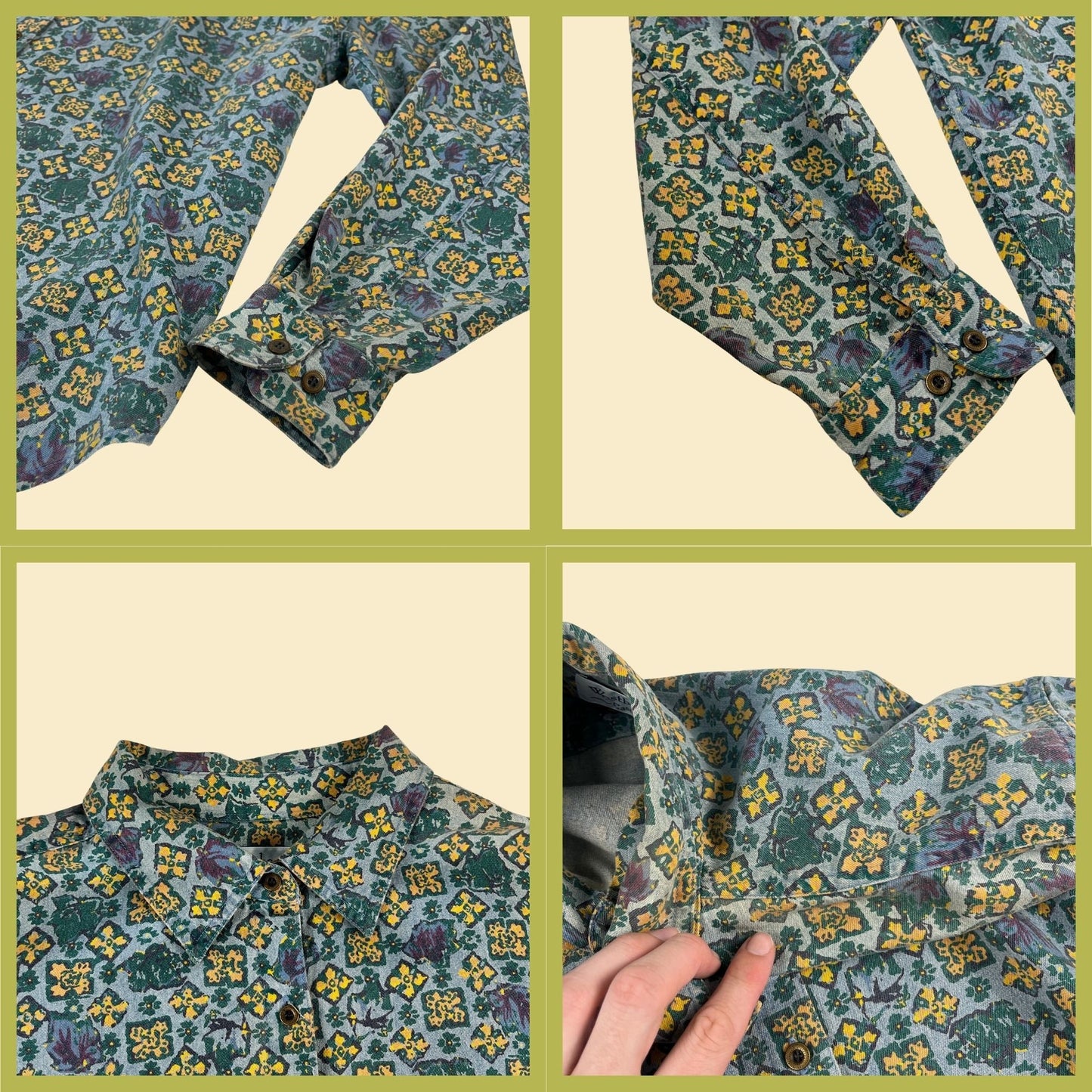 90s geometric teal shirt by Westbound, size L blue & yellow vintage women's button down long sleeve