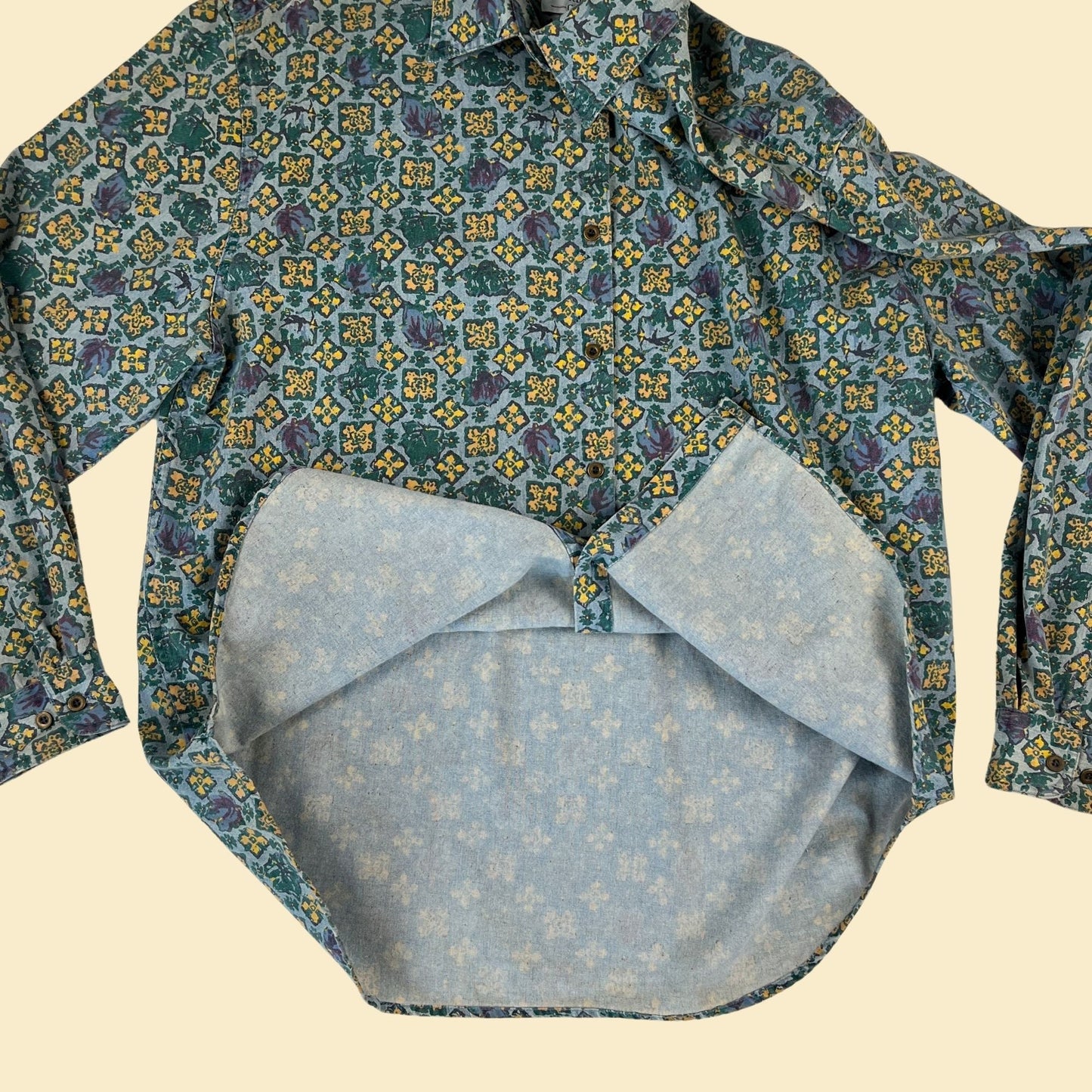 90s geometric teal shirt by Westbound, size L blue & yellow vintage women's button down long sleeve