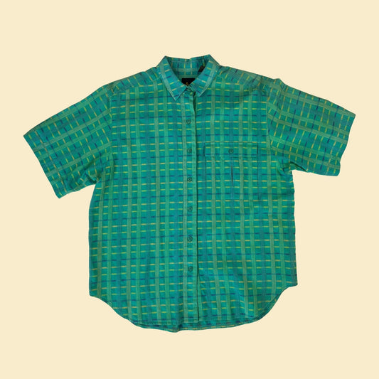 90s green short sleeve shirt by Liz Sport, vintage size L button down blouse w/ green, blue & yellow basketweave pattern