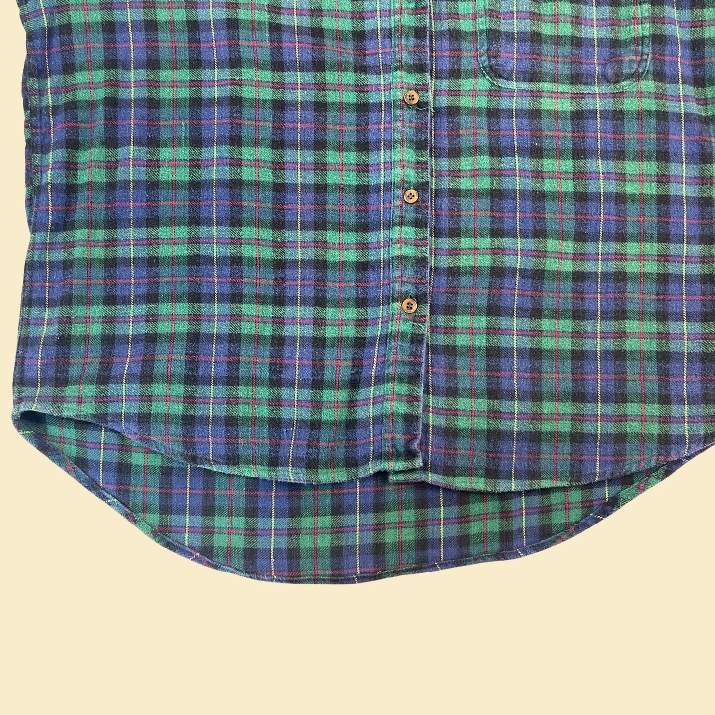 90s henley flannel shirt, size L vintage blue & green button down long sleeve by No Barriers