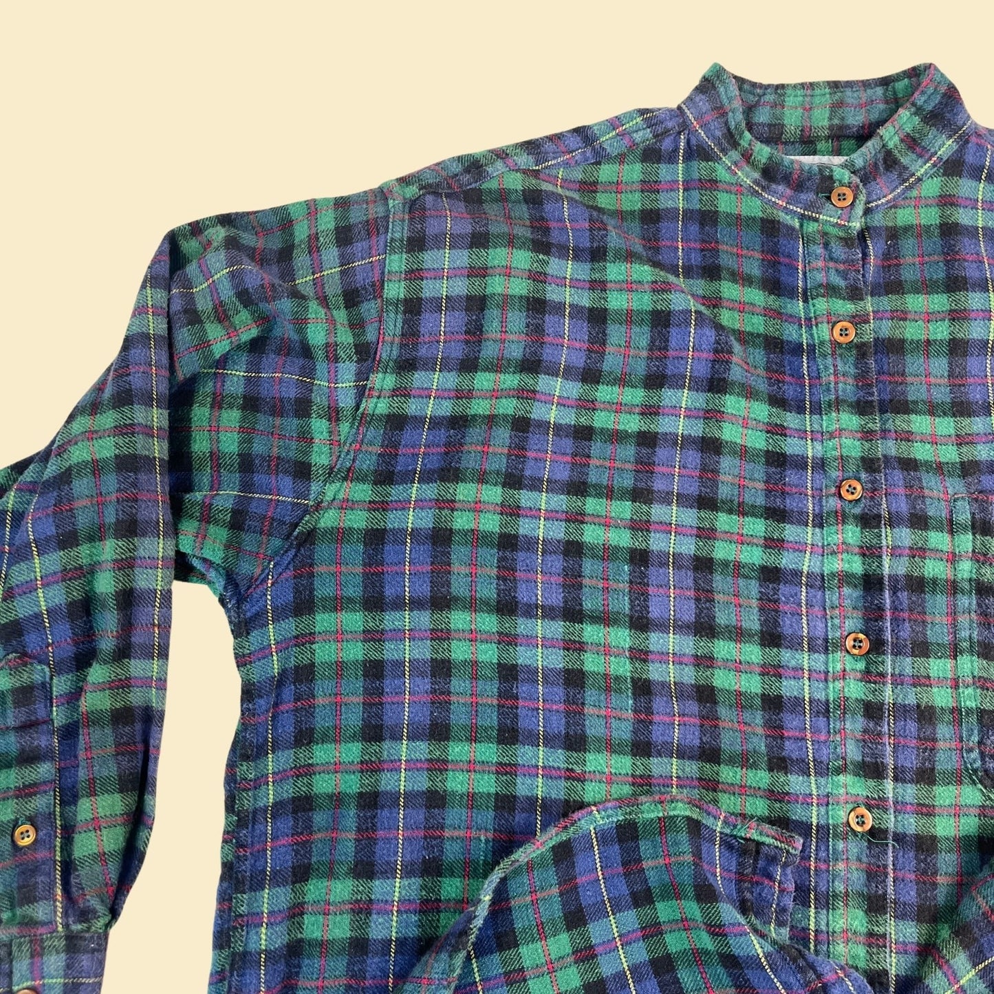 90s henley flannel shirt, size L vintage blue & green button down long sleeve by No Barriers