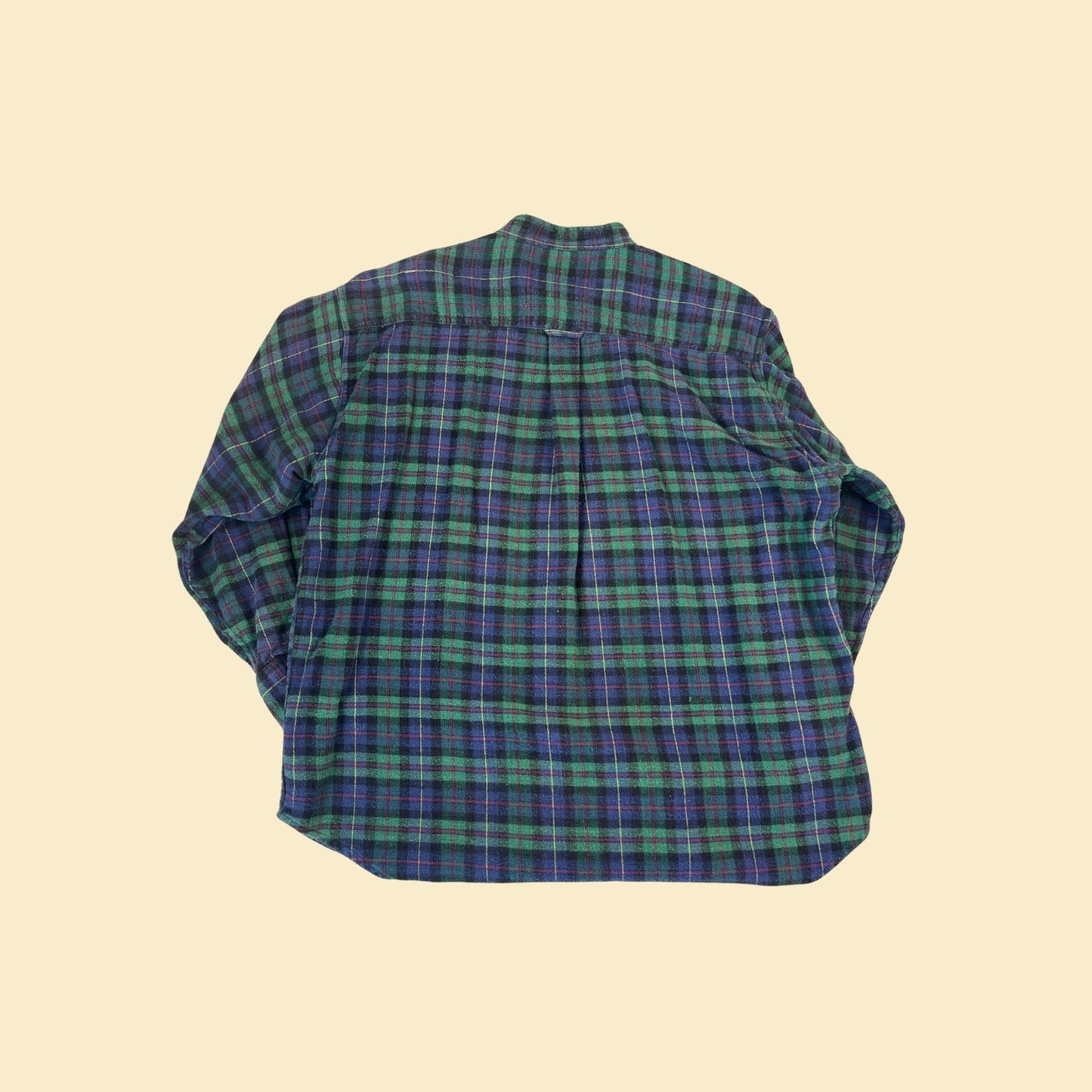 90s henley flannel shirt, size L vintage blue & green button down long sleeve by No Barriers