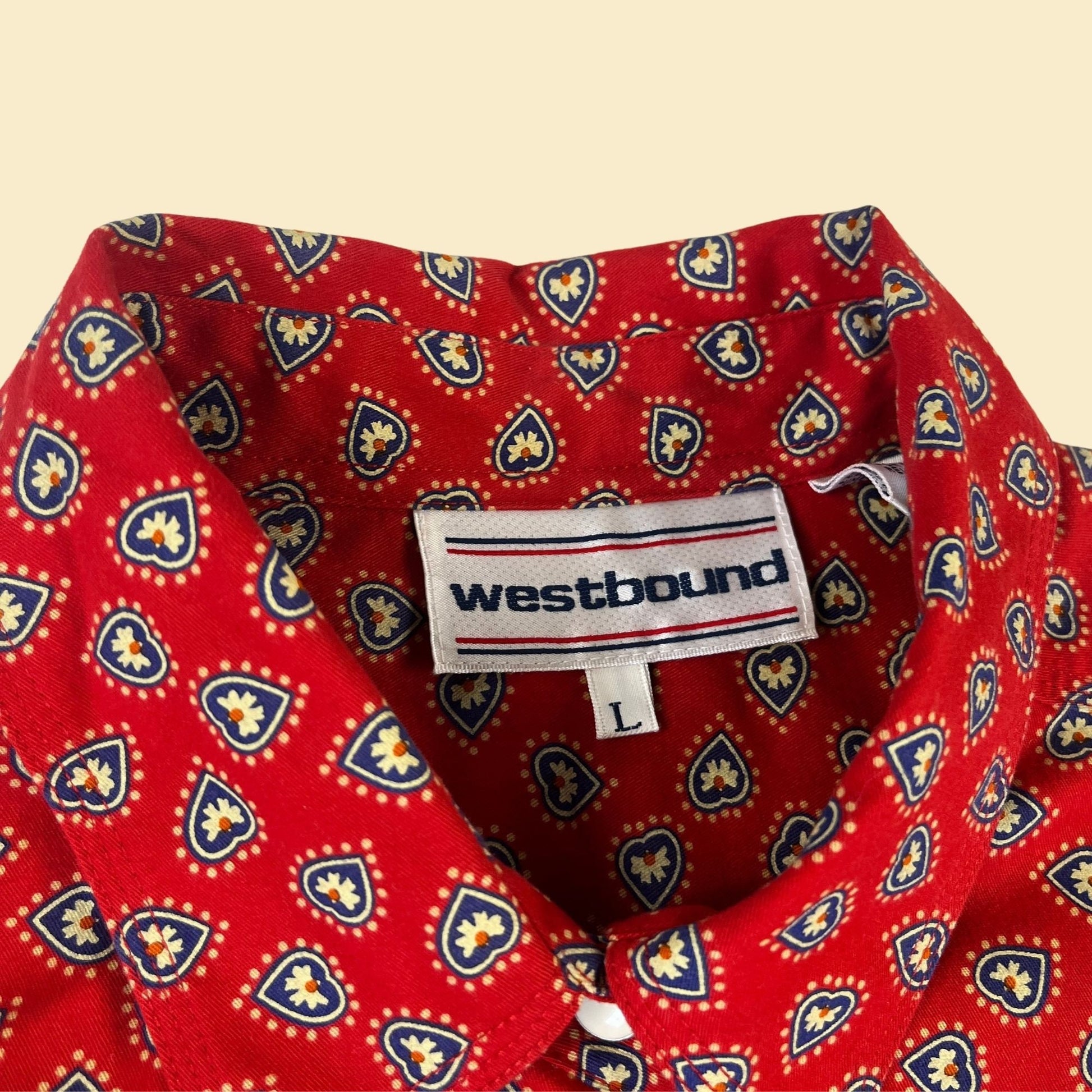 Red 90s geometric snap clasp shirt by Westbound, size L vintage 1990s abstract heart patterned long sleeve cotton button down