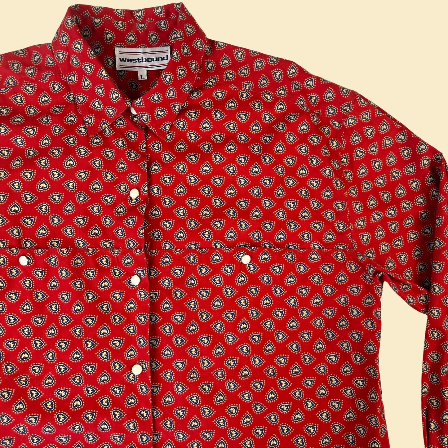 Red 90s geometric snap clasp shirt by Westbound, size L vintage 1990s abstract heart patterned long sleeve cotton button down